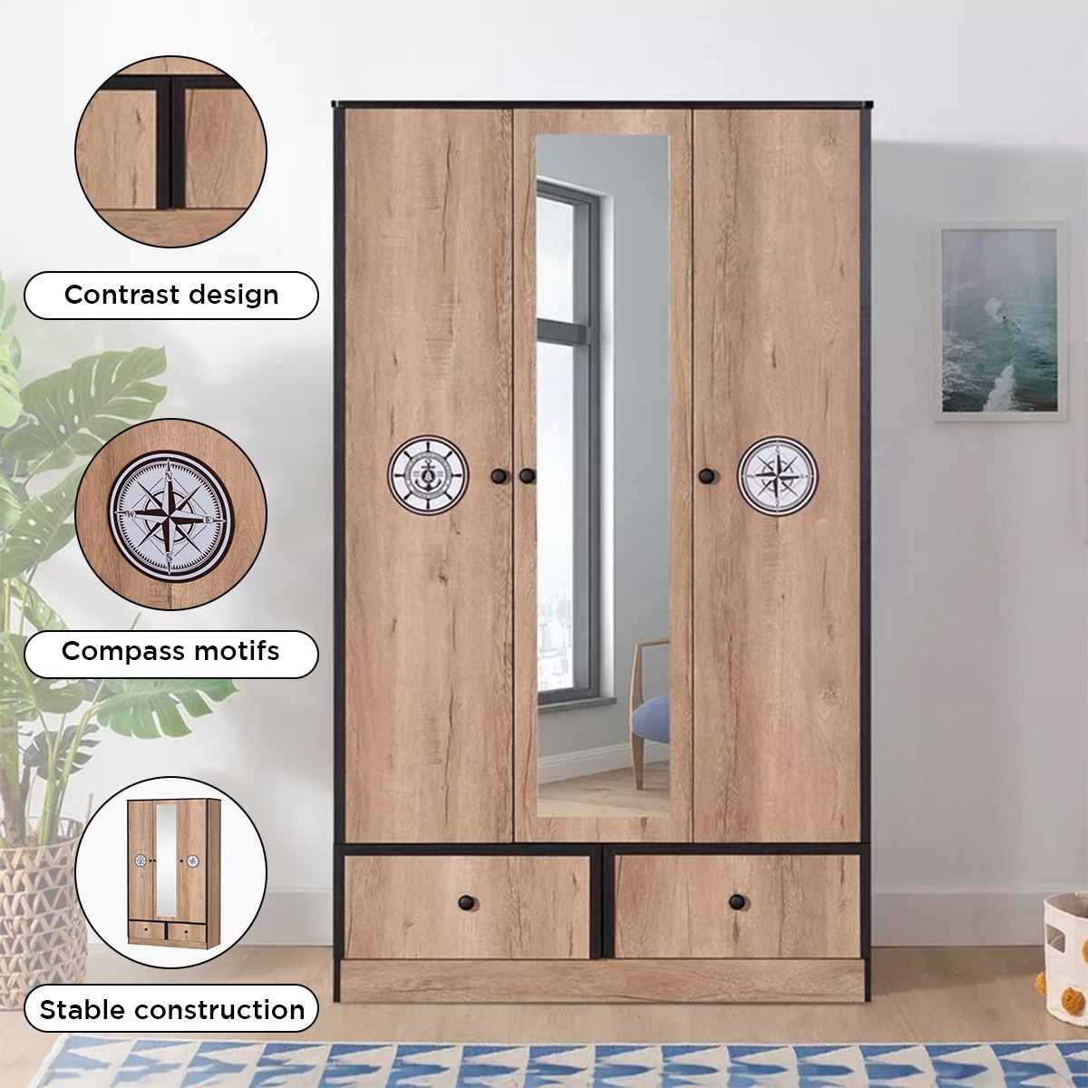 Crew 3-Door Wardrobe with 2 Drawers and Mirror-hbxfurniture-wardrobes-image-4