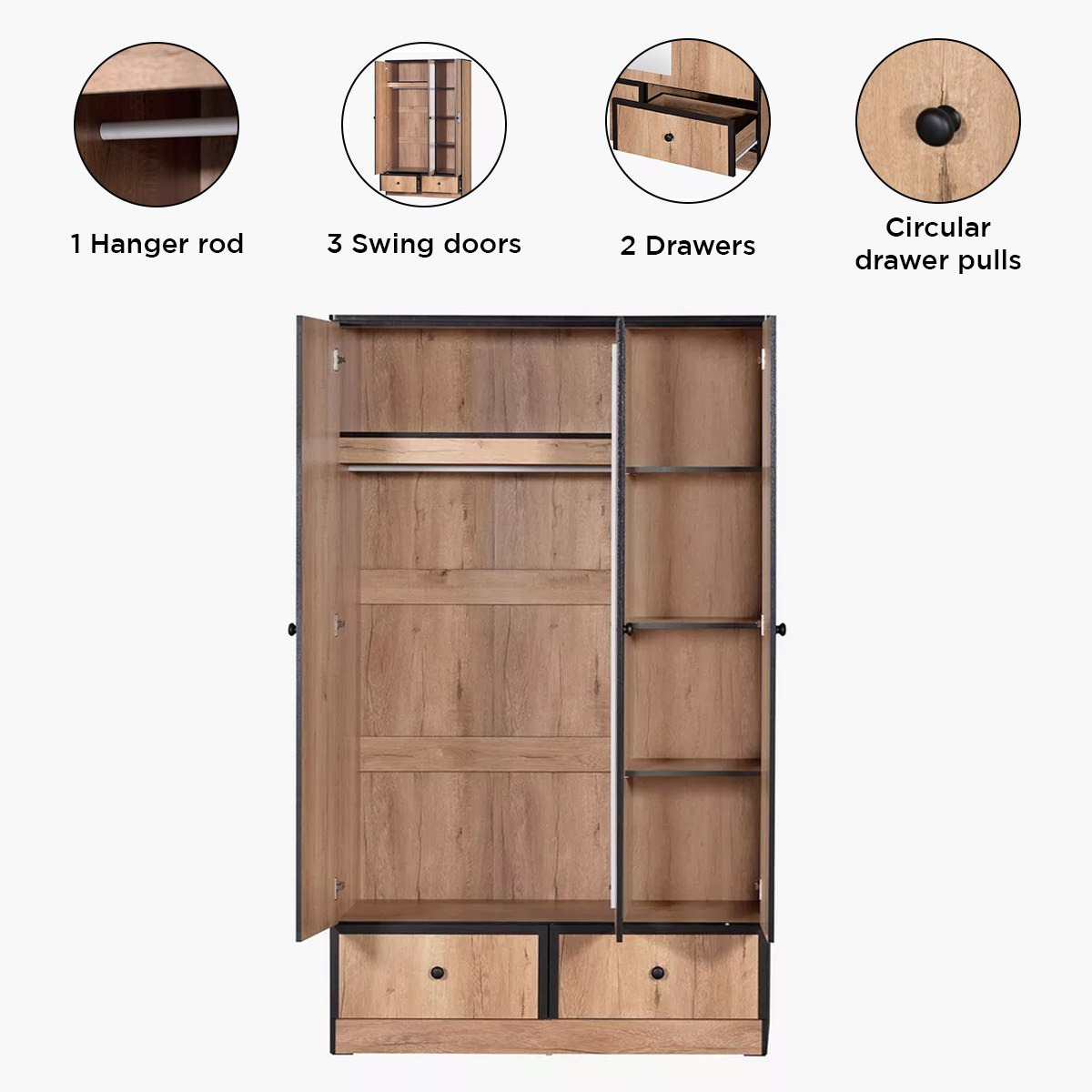 Crew 3-Door Wardrobe with 2 Drawers and Mirror-hbxfurniture-wardrobes-image-5