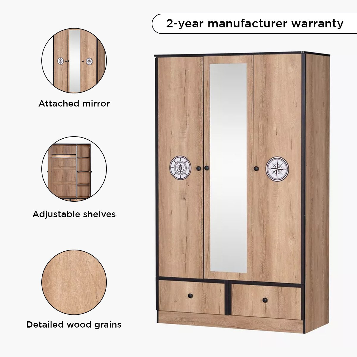 Crew 3-Door Wardrobe with 2 Drawers and Mirror-hbxfurniture-wardrobes-image-6