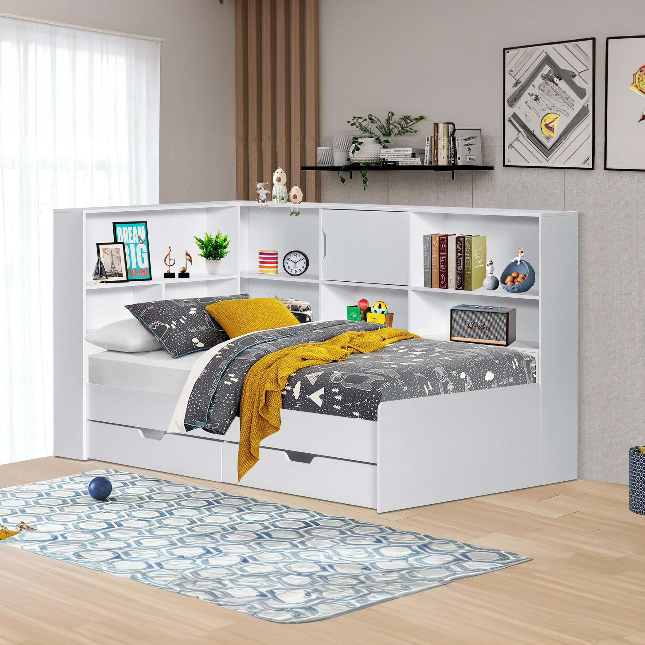 Bookshelf store double bed