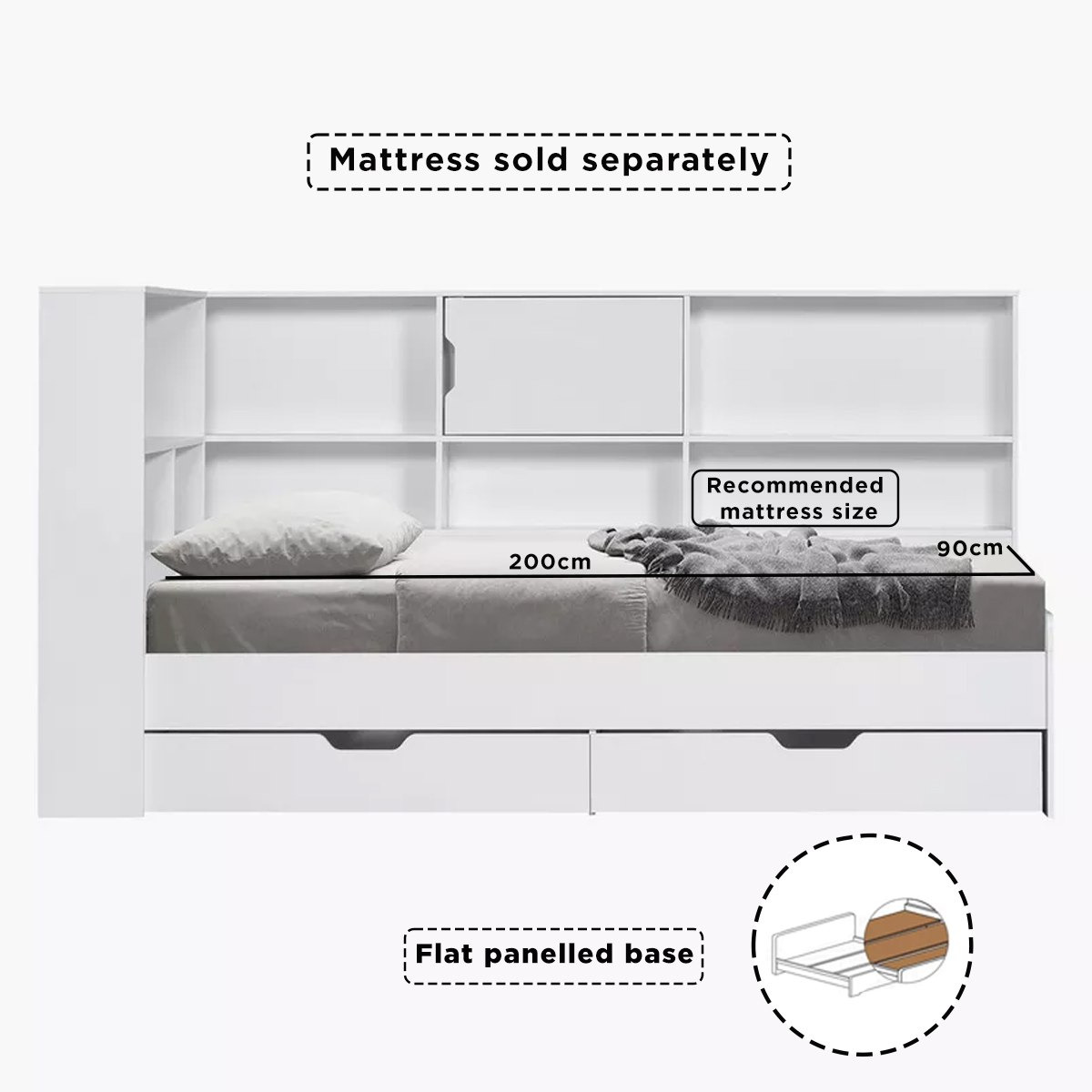 Vanilla Shelf Storage Headboard Single Bed with 2 Drawers - 90x200 cm-hbxfurniture-bedsandbedsets-beds-single-image-8