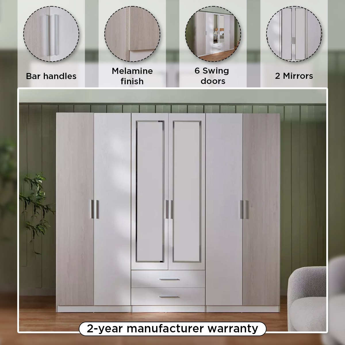 خزانة ملابس 6 أبواب بدرجين ومرآتين من فييستا-hbxfurniture-wardrobes-image-4