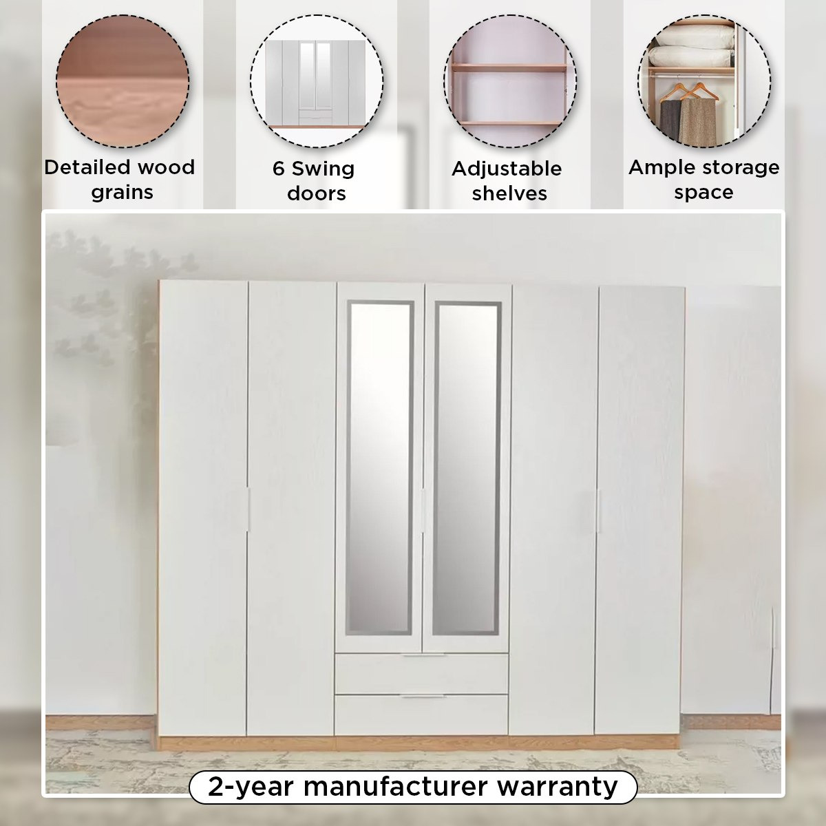 Milan 6-Door Wardrobe with 2 Drawers-hbxfurniture-wardrobes-image-4