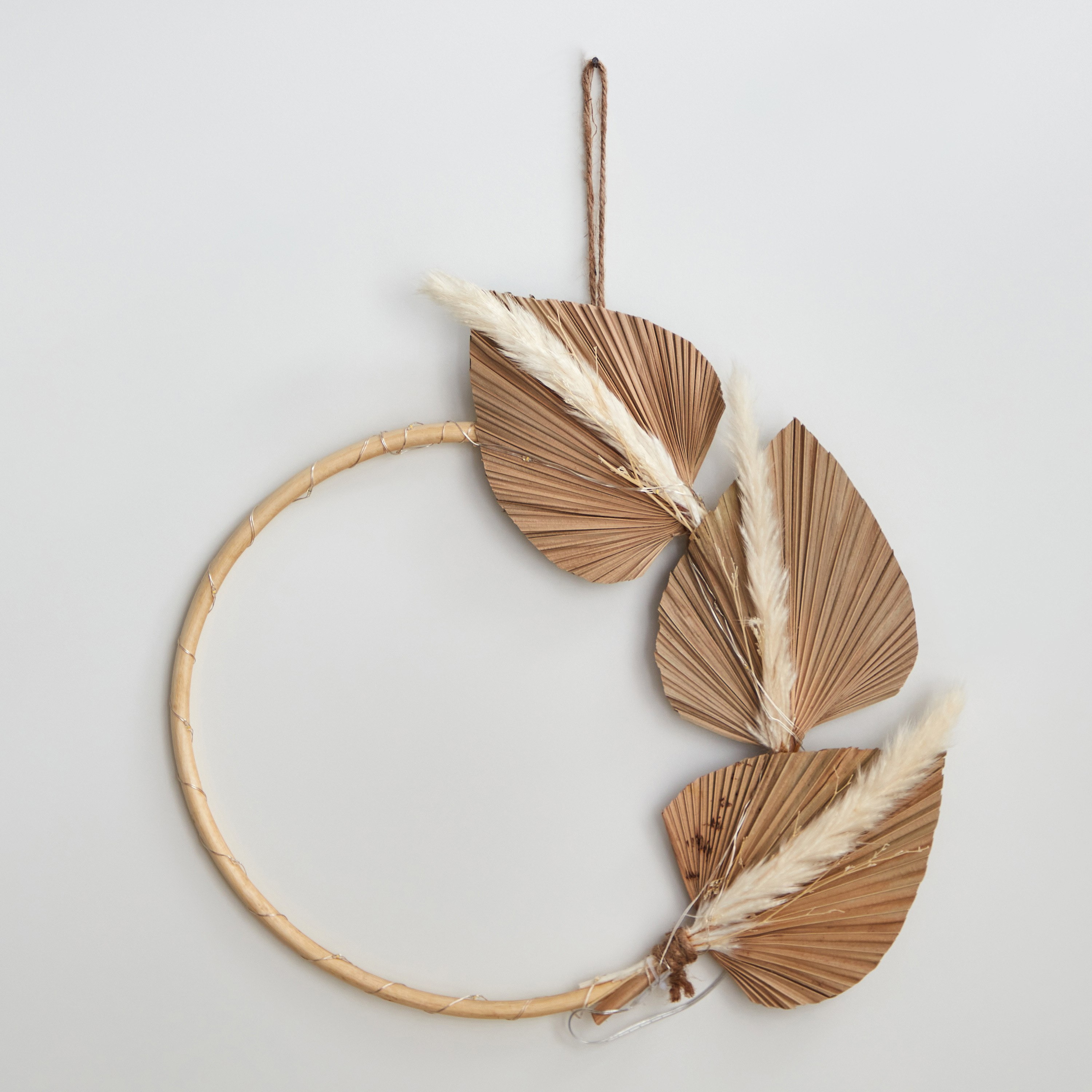 Infinity 20-Warm LED White 2AA Rattan Ring Wall Decor with Palm Leaves - 37x5x37 cm-hbxdiningroom-lighting-decorativesandstringlights-image-2
