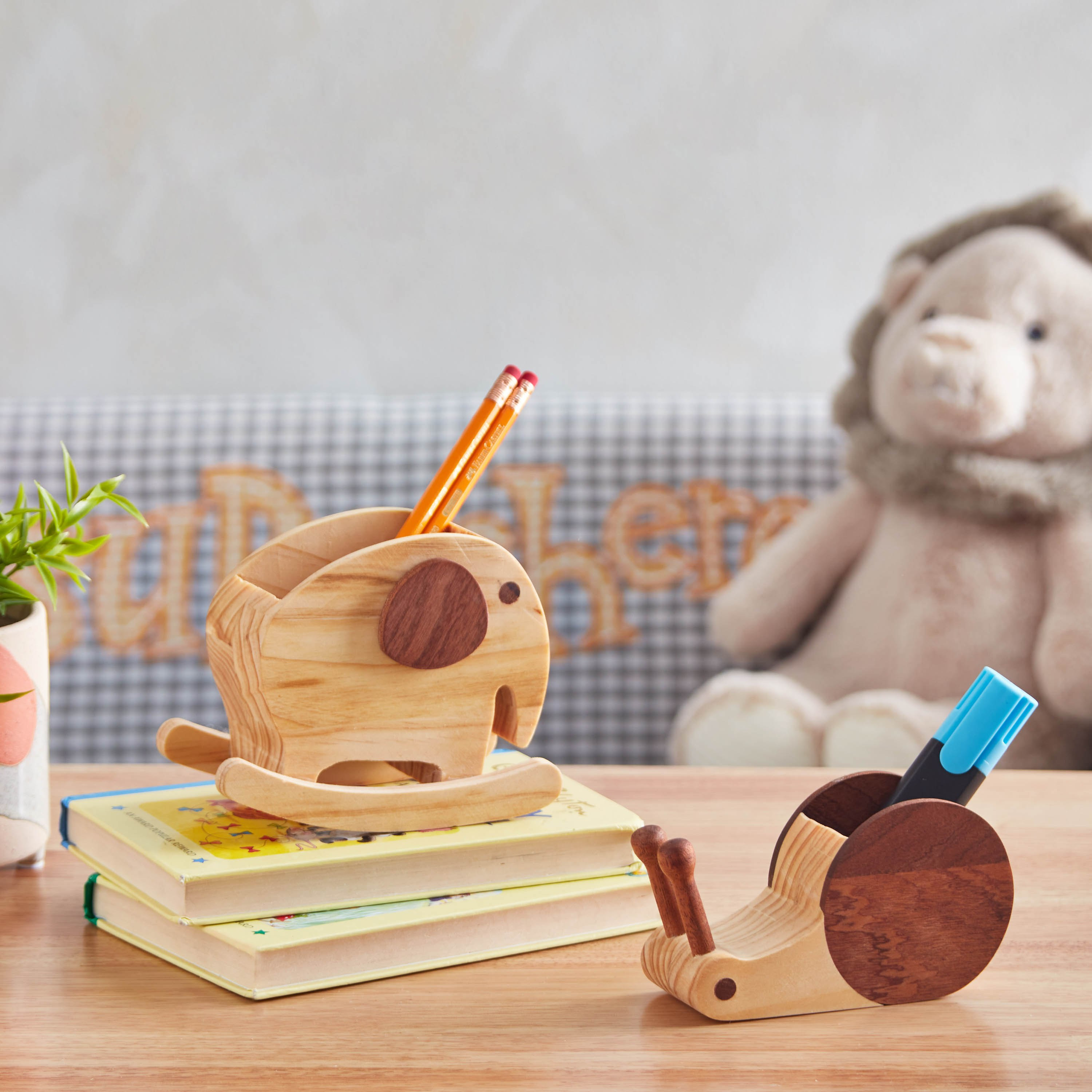Elephant Wood Pen Stand - 14x8x11 cm-hbxhomeware-hbxkidsandyouth-image-4