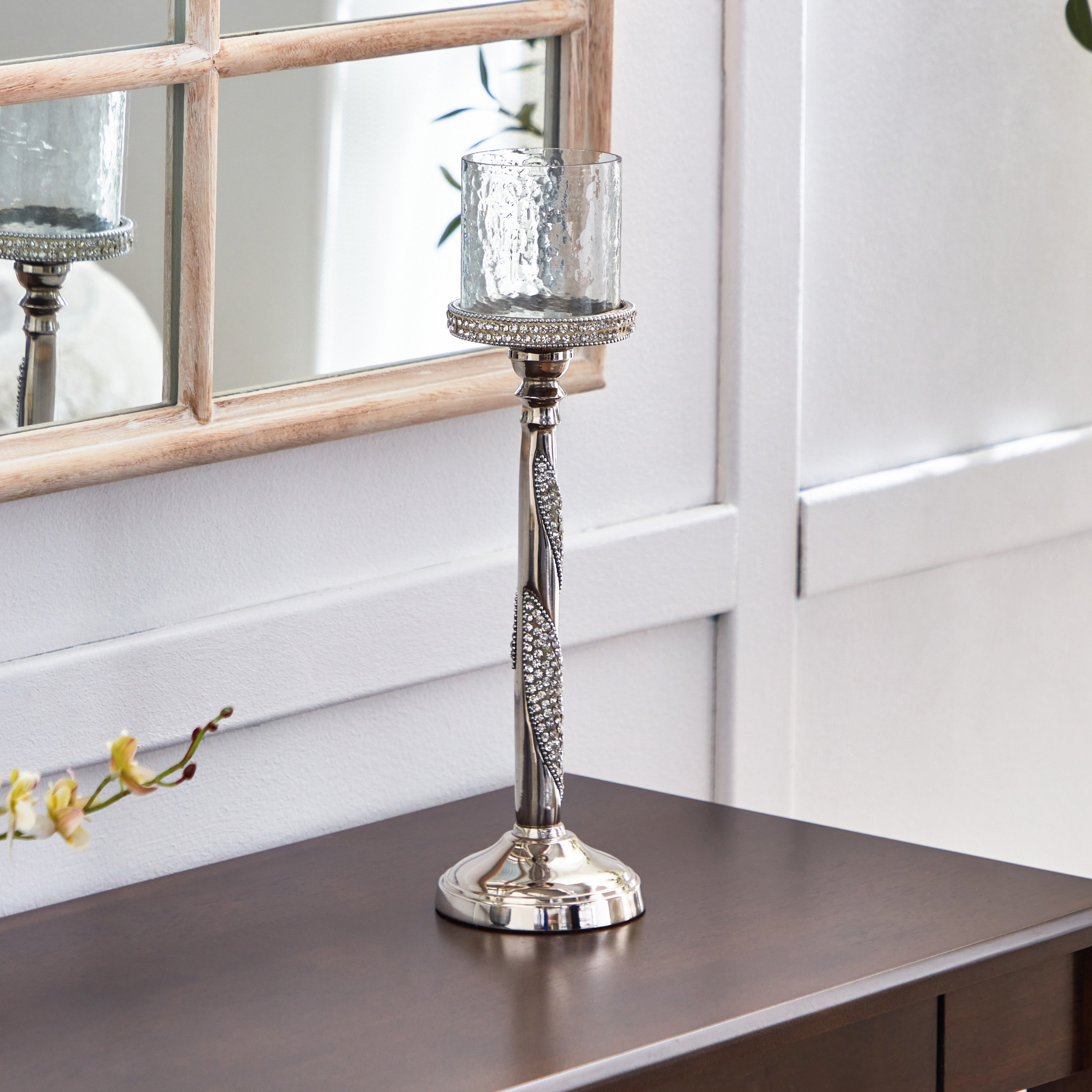 حامل شموع صغيرة ألومنيوم بحجر الراين الفاخر والزجاج من لينتون - 10x10x38 سم-hbxlivingroom-decorandaccessories-candleholders-image-2