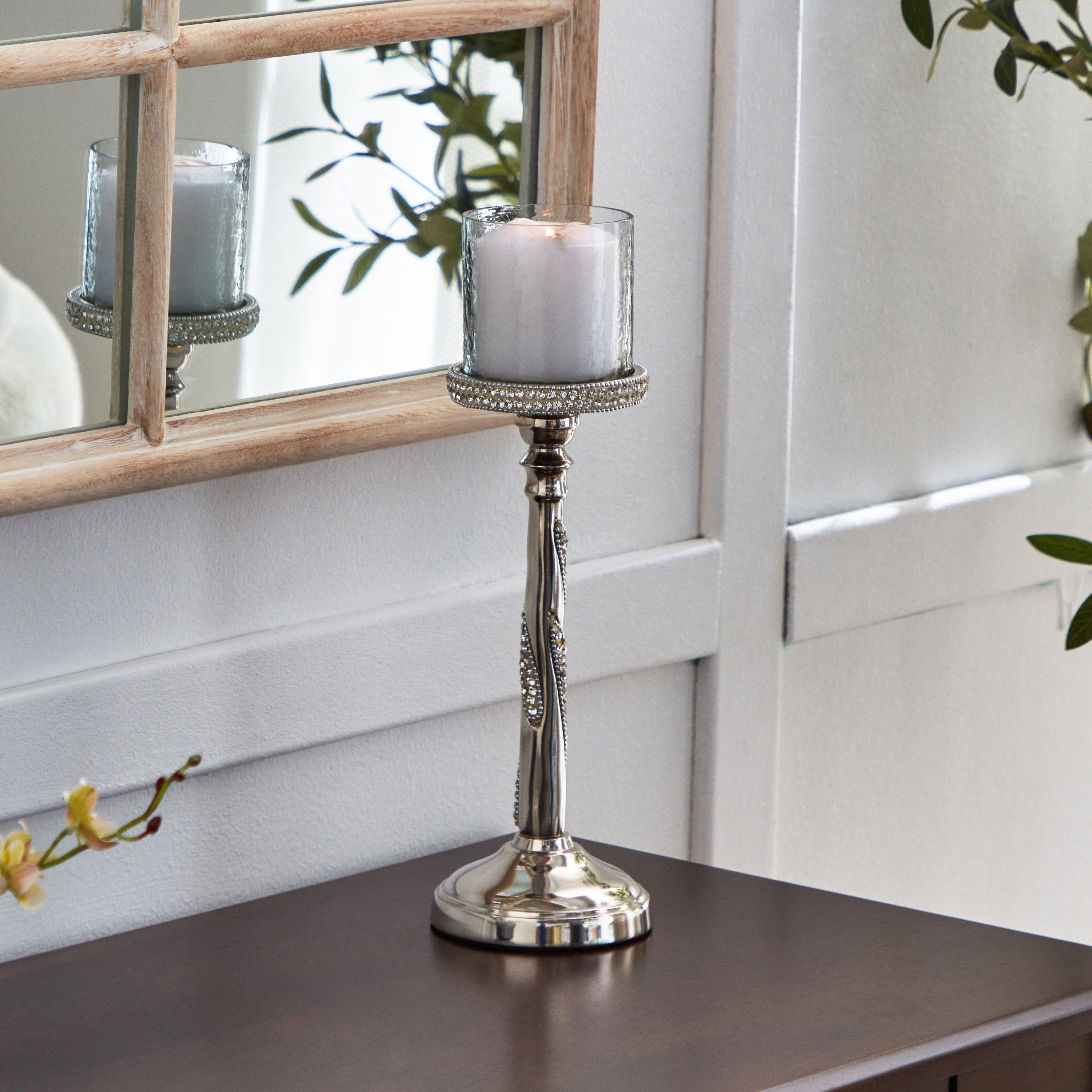 Linton Aluminium Pillar Candle Holder with Premium Rhinestone and Glass - 10x10x33 cm-hbxlivingroom-decorandaccessories-candleholders-image-1