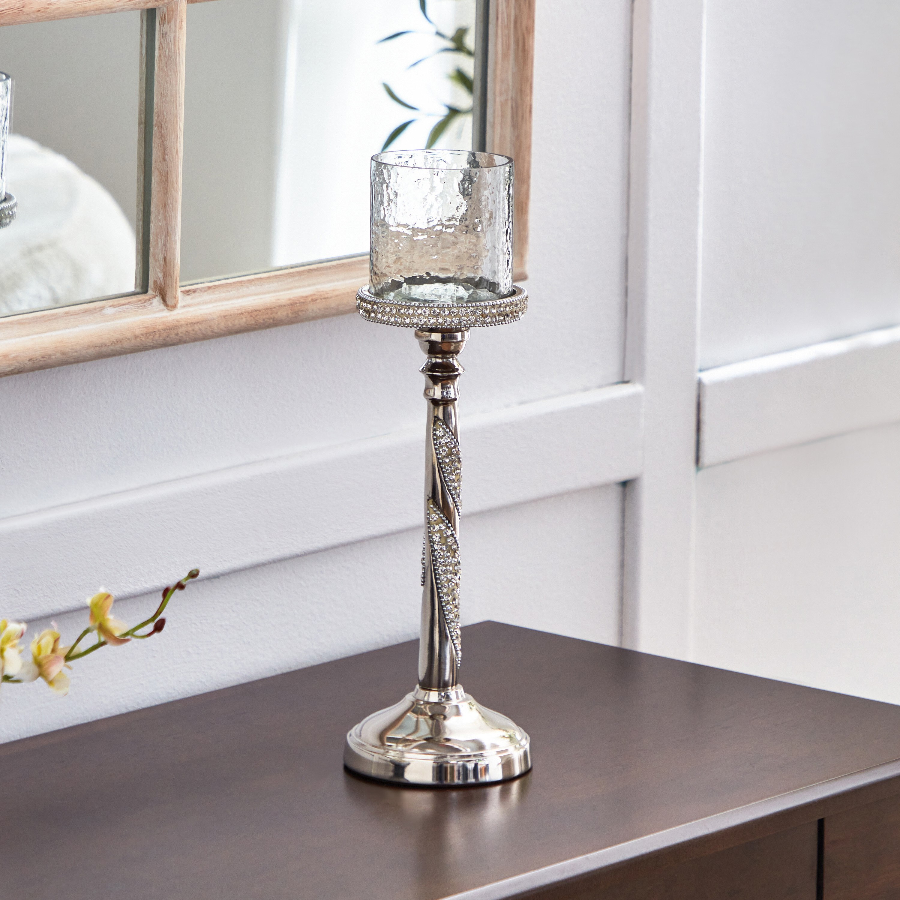 Linton Aluminium Pillar Candle Holder with Premium Rhinestone and Glass - 10x10x33 cm-hbxlivingroom-decorandaccessories-candleholders-image-2