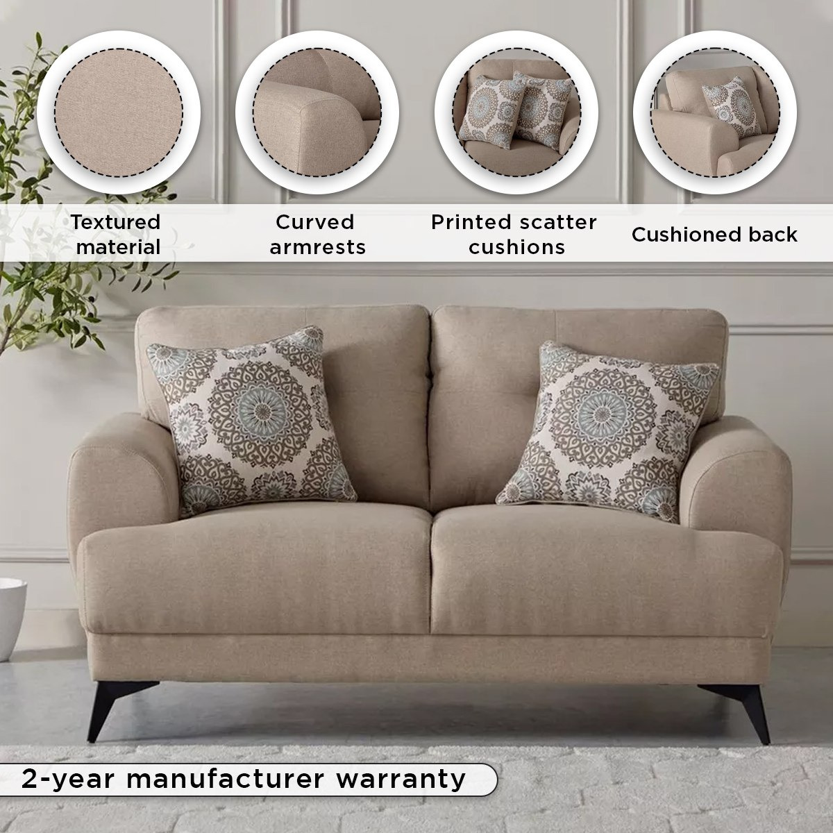 Estella 2 Seater Sofa with 2 Cushions