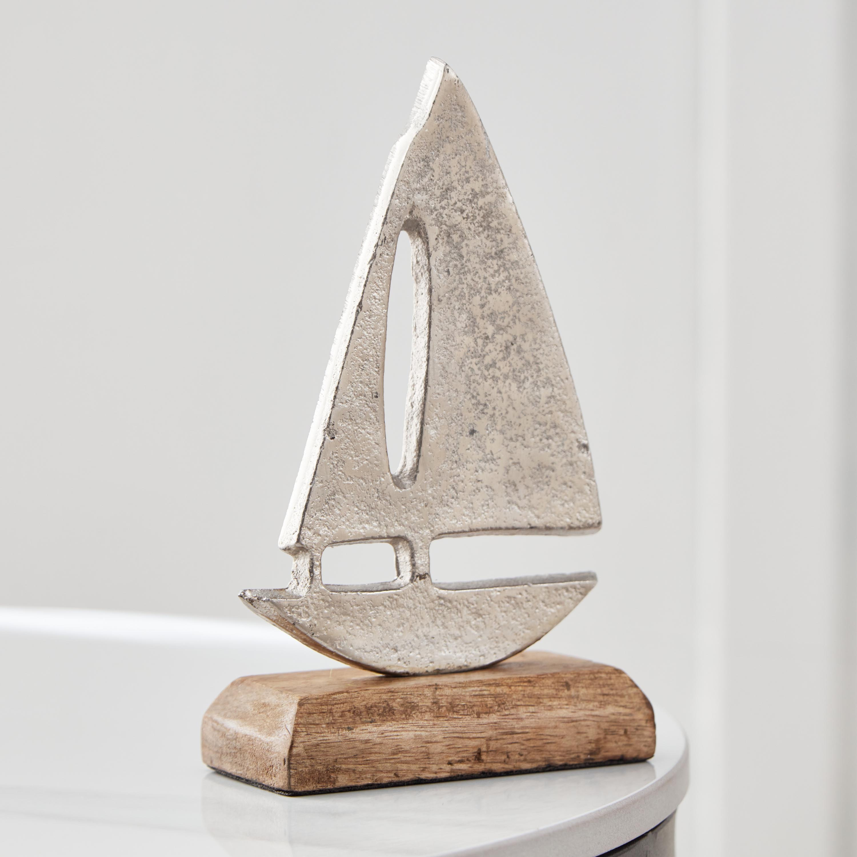 قارب ديكور معدن بقاعدة خشبية من سبلينديد - 10x5x15 سم-hbxhomeware-homedecor-figurinesandornaments-image-1