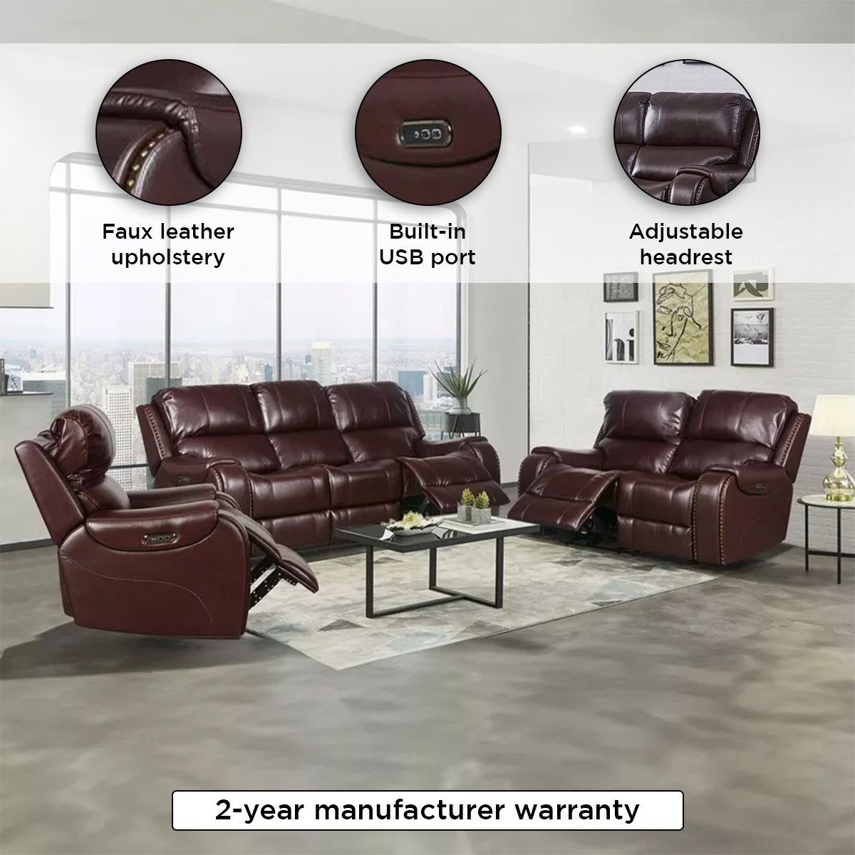 Brantford Dual Electric Power 3-Seater Faux Leather Recliner with Headrest-hbxfurniture-sofasandarmchairs-reclinersofas-image-5