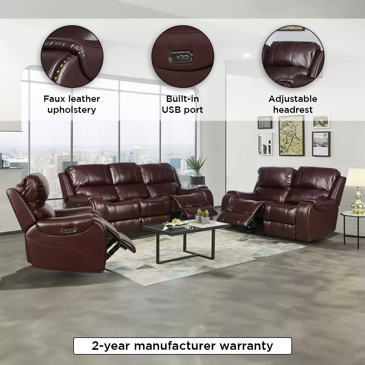 Brantford Dual Electric Power 2-Seater Faux Leather Recliner with Headrest-hbxfurniture-sofasandarmchairs-reclinersofas-image-4