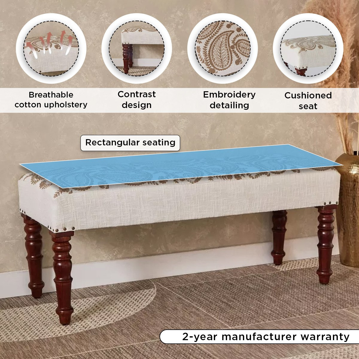مقعد بنش بتطريز بيزلي من مهرجان إسنا - 40x120x40 سم -hbxfurniture-sofasandarmchairs-benches-image-5