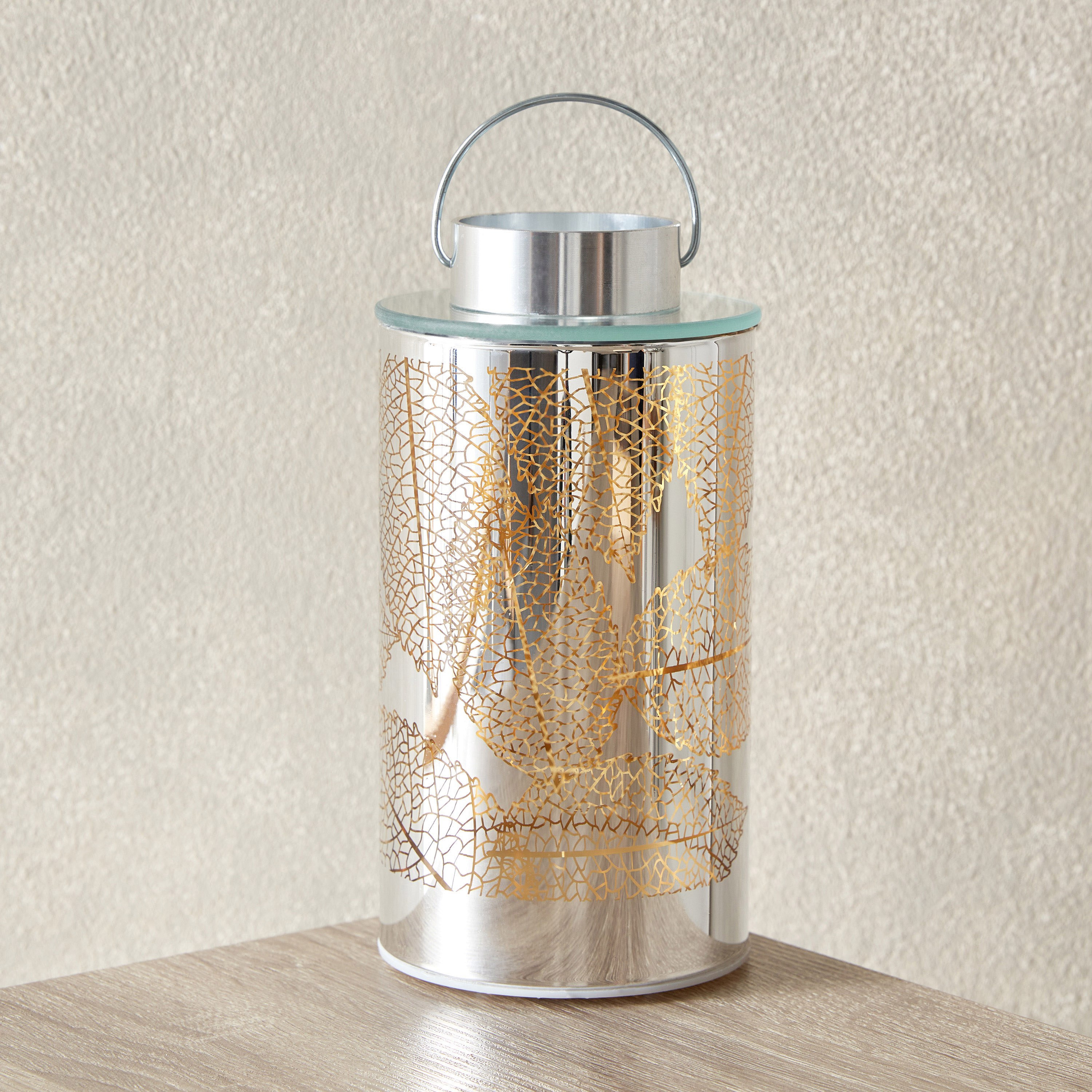 Briar Leaf Cutout Nickel Glass LED Lantern - 9x9x17 cm-hbxlivingroom-decorandaccessories-candleholders-image-2