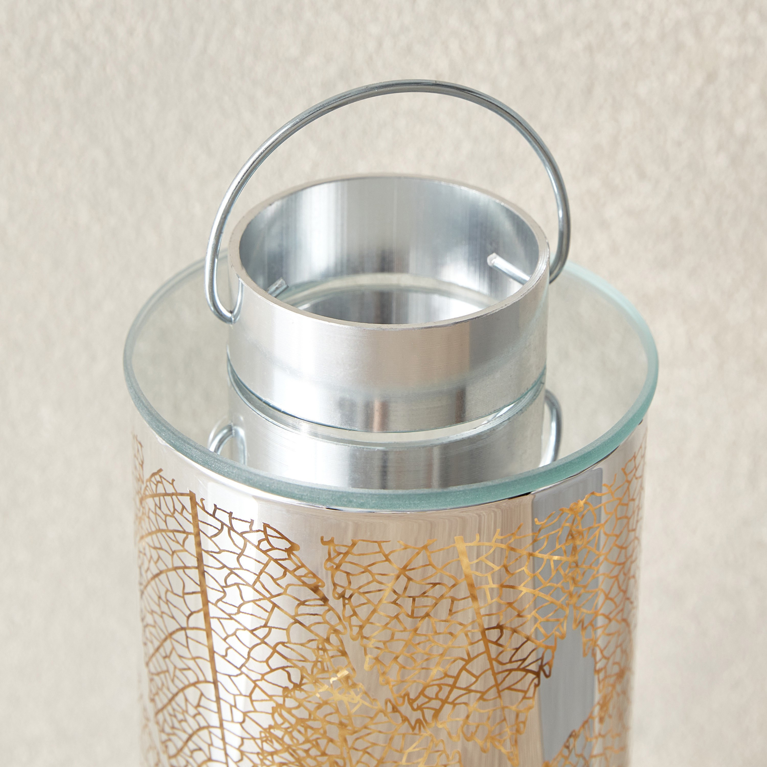 Briar Leaf Cutout Nickel Glass LED Lantern - 9x9x17 cm-hbxlivingroom-decorandaccessories-candleholders-image-3