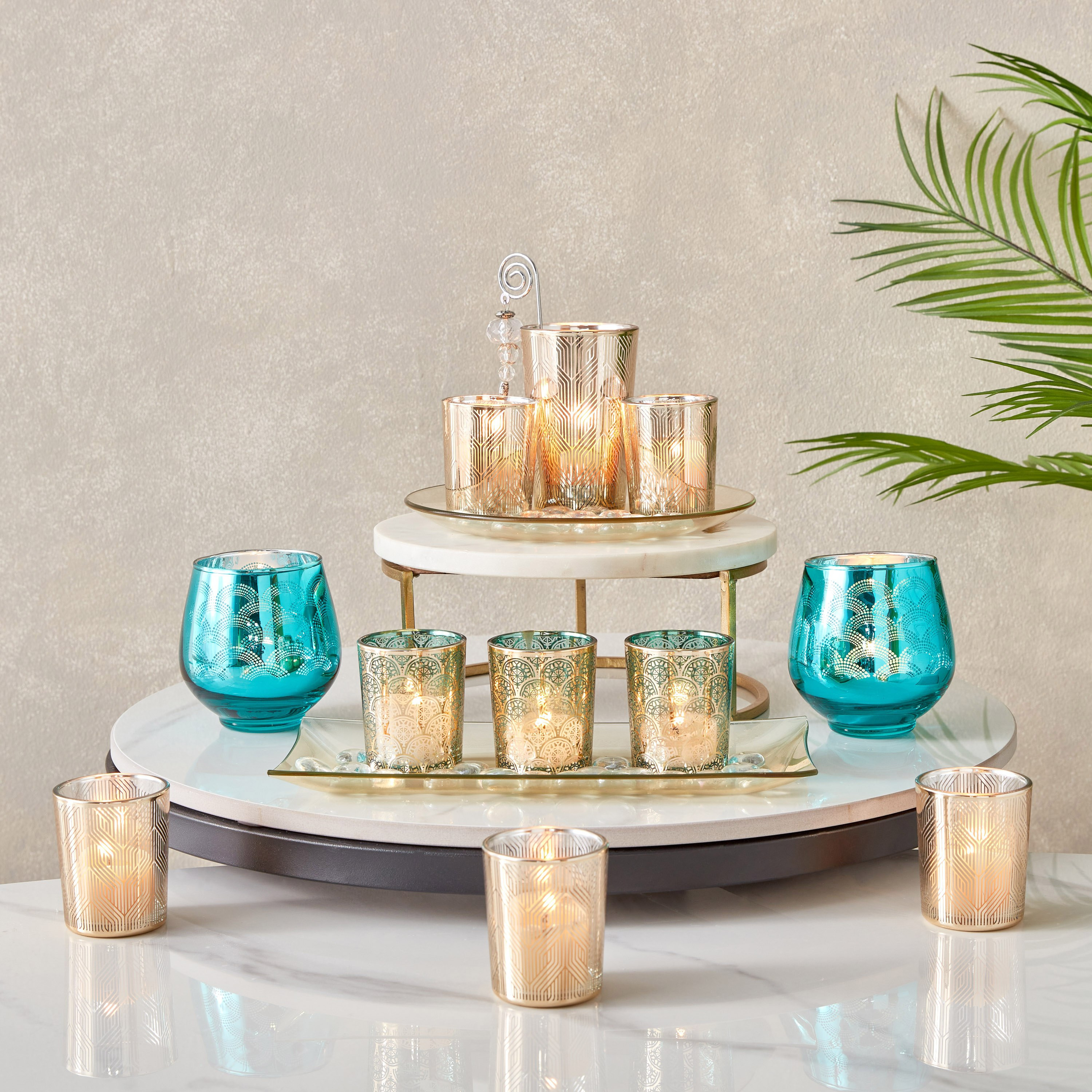 طقم حامل شموع زجاجي 3 قطع بصينية وحصى من مريا - 26x12 سم-hbxlivingroom-decorandaccessories-candleholders-image-5