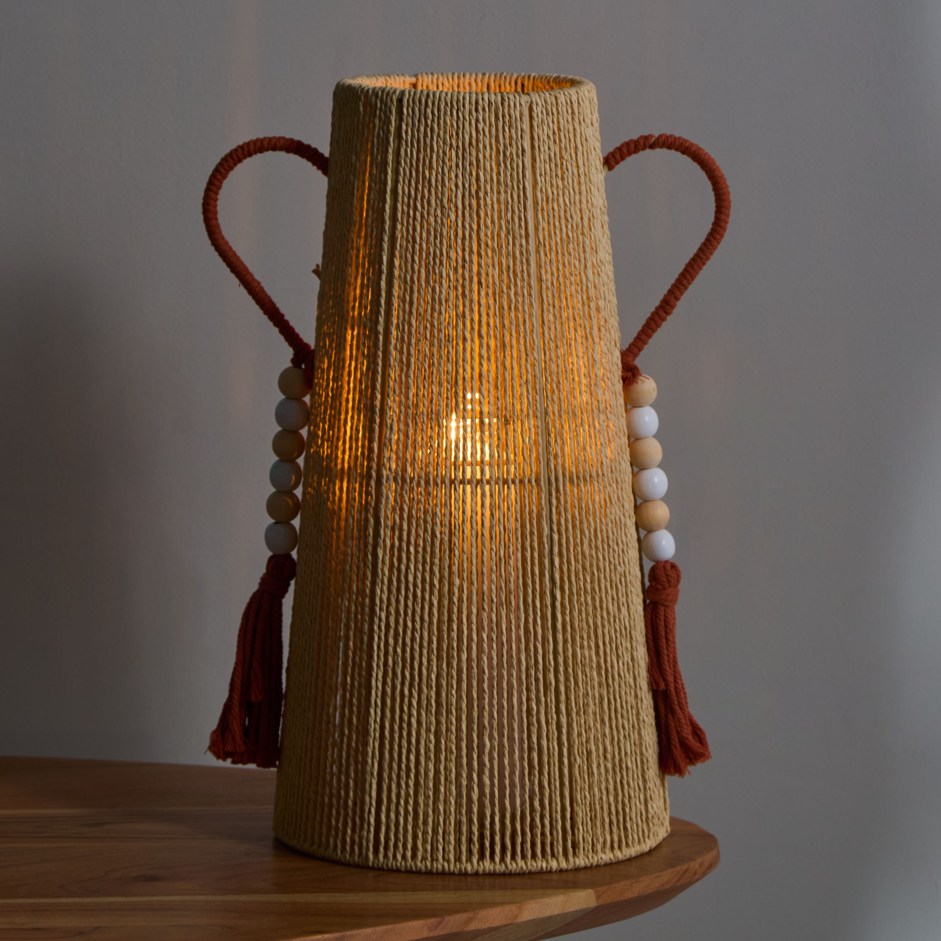 فانوس سلك  وخرز خشبي وشرابات مع زجاج داخلي من روتانا - 18x35 سم-hbxdecorandfurnishings-homeaccessories-lanterns-image-2