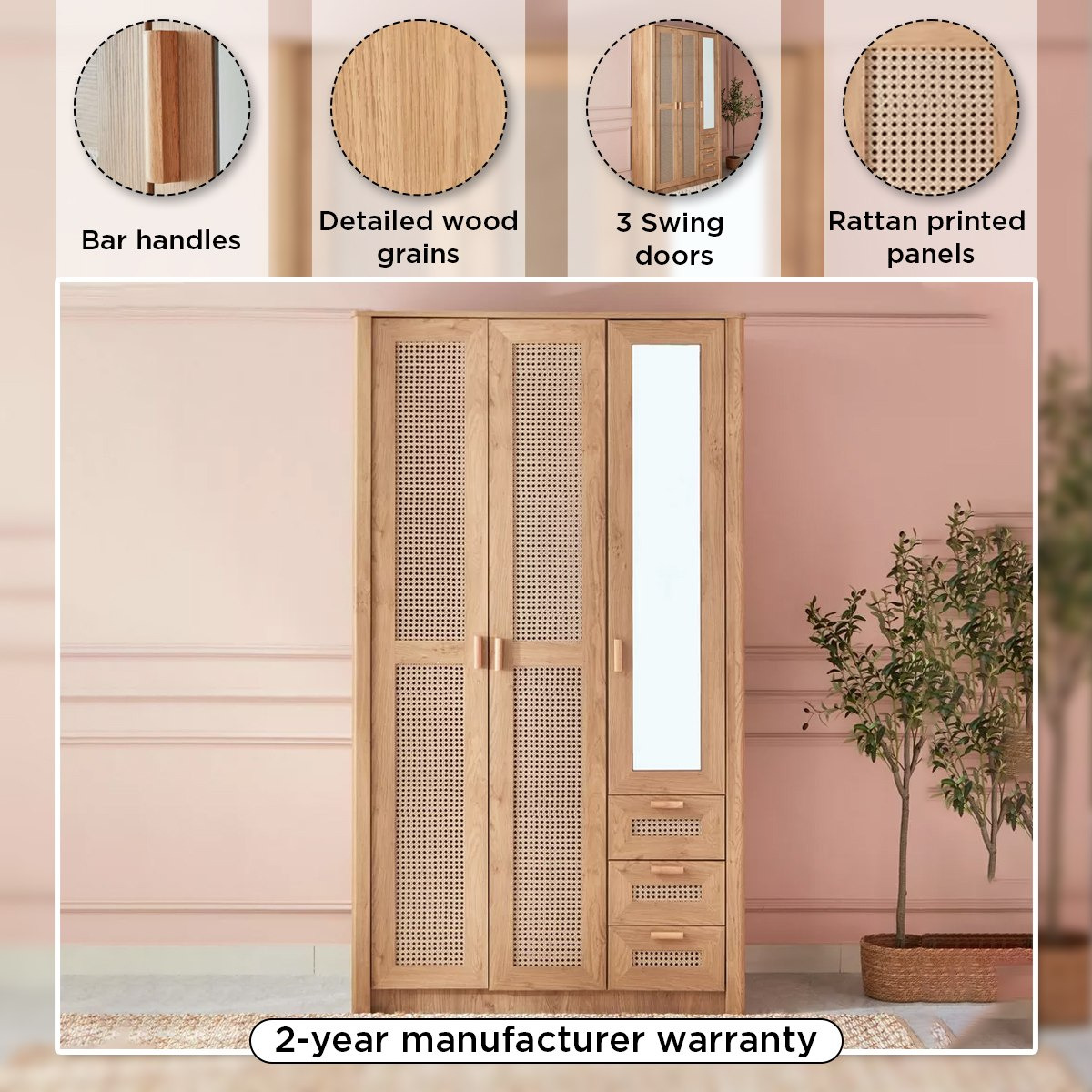 Java 3-Door Wardrobe with 3 Drawers and Mirror-hbxfurniture-wardrobes-image-4