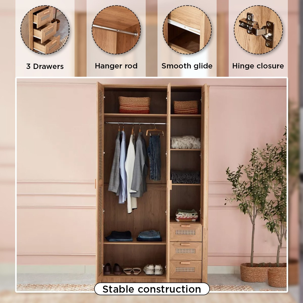 Java 3-Door Wardrobe with 3 Drawers and Mirror-hbxfurniture-wardrobes-image-5