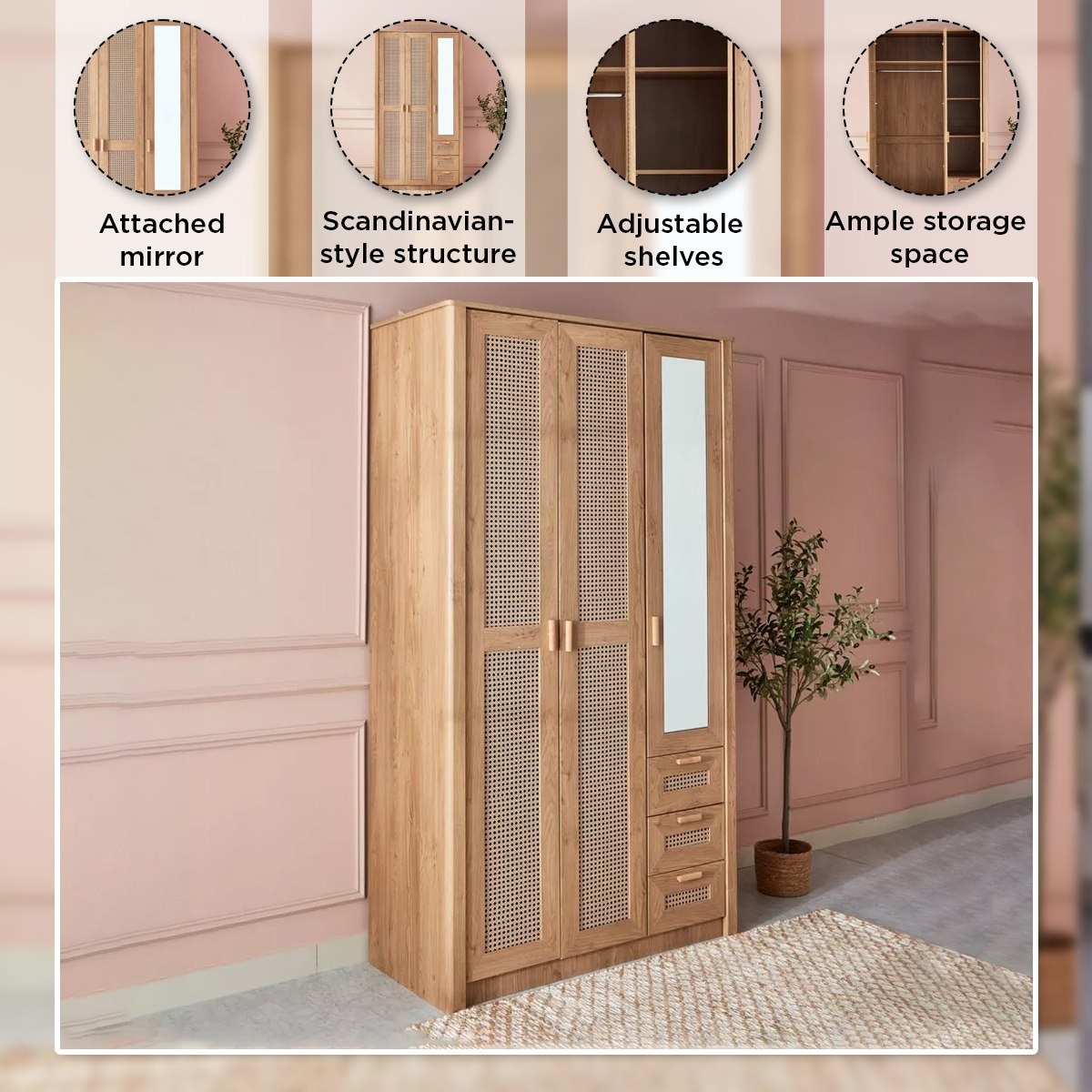 Java 3-Door Wardrobe with 3 Drawers and Mirror-hbxfurniture-wardrobes-image-6