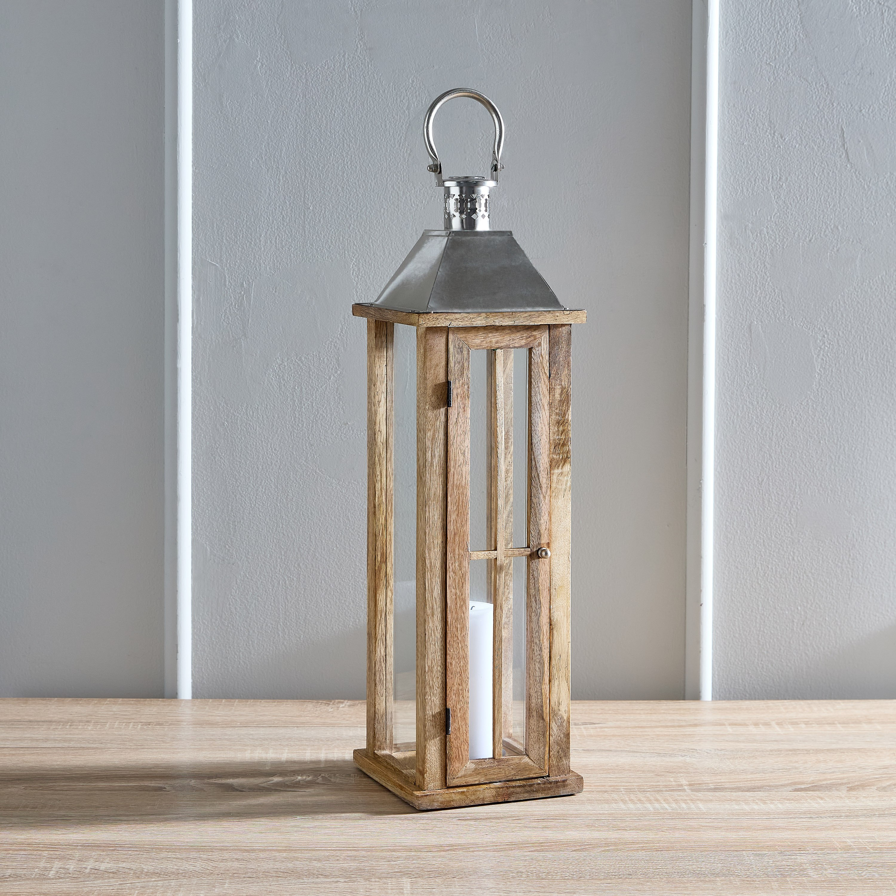 فانوس خشب بمقبض نيكل معدني من كليفتون - 17x17x61 سم-hbxdecorandfurnishings-homeaccessories-lanterns-image-1