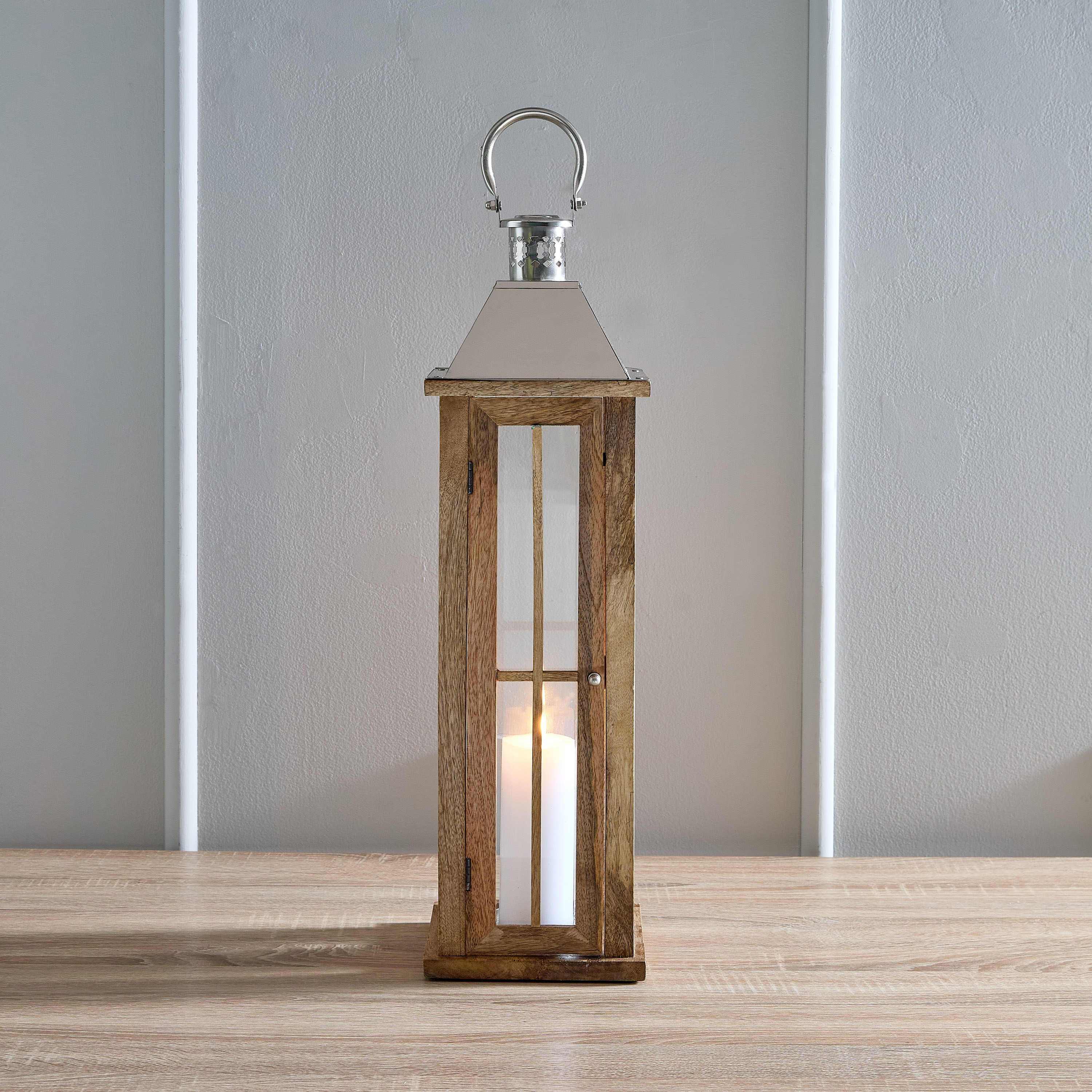 فانوس خشب بمقبض نيكل معدني من كليفتون - 17x17x61 سم-hbxdecorandfurnishings-homeaccessories-lanterns-image-2