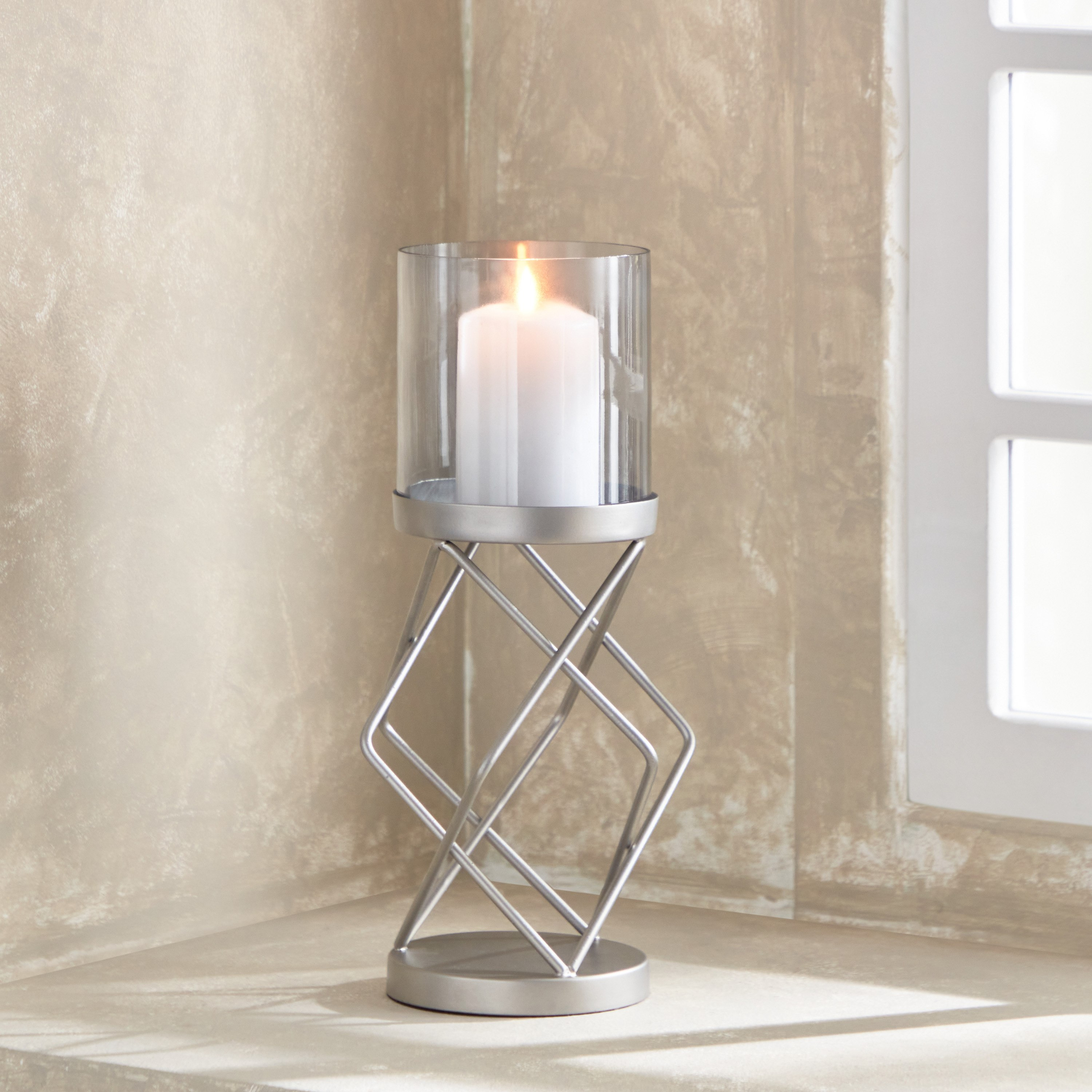 حامل شموع نيكل معتق بدعامة سلك معدن مع زجاج من إنيجما - 15x15x20 سم-hbxlivingroom-decorandaccessories-candleholders-image-1