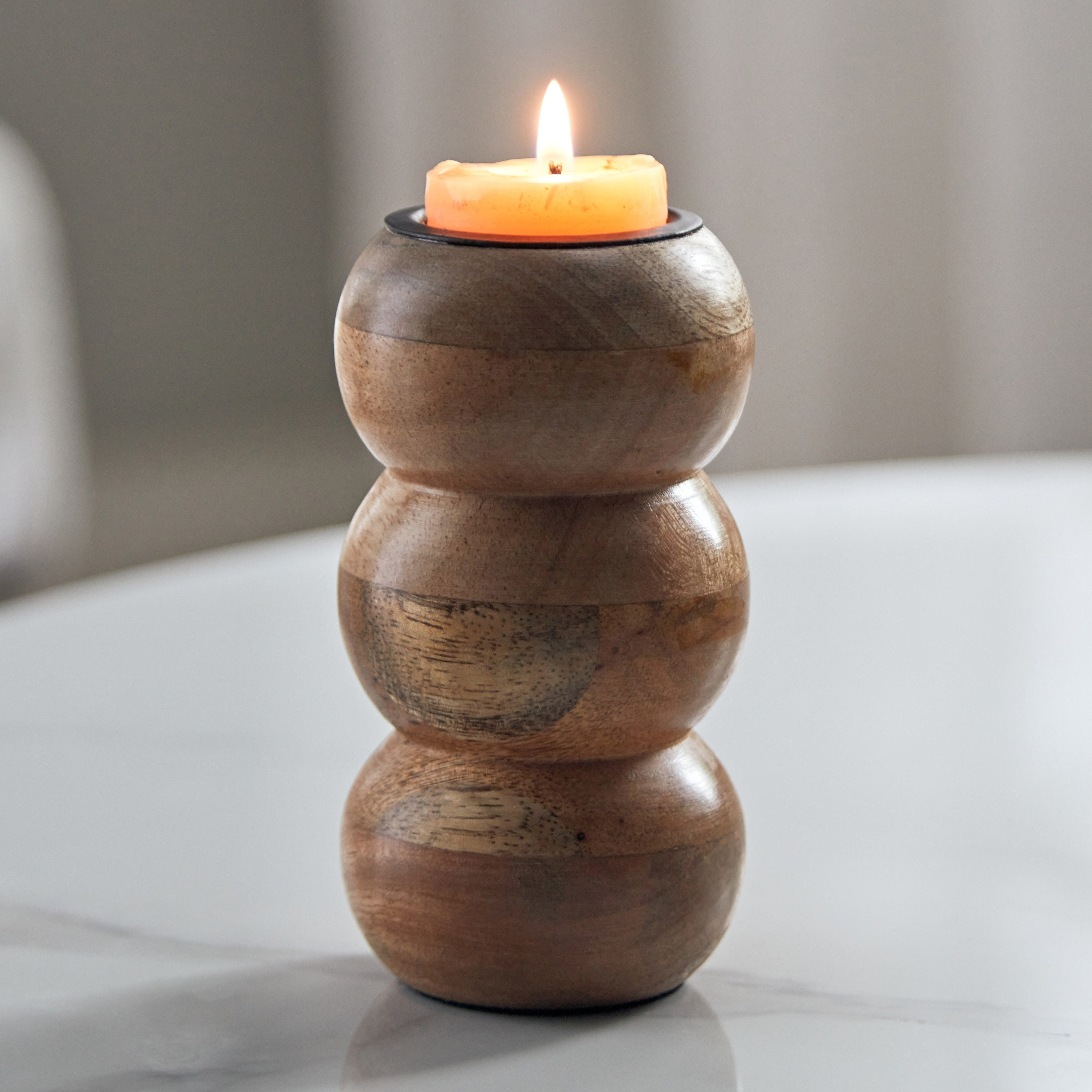 حامل شموع صغيرة 3 دوائر خشب من كوهار - 6.5x6.5x12 سم-hbxlivingroom-decorandaccessories-candleholders-image-1