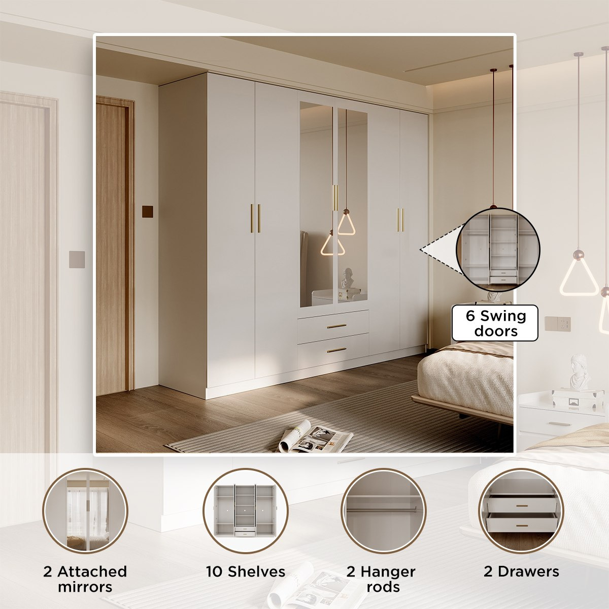Pearl 6-Door Wardrobe with 2 Drawers and Mirrors-hbxfurniture-wardrobes-image-3