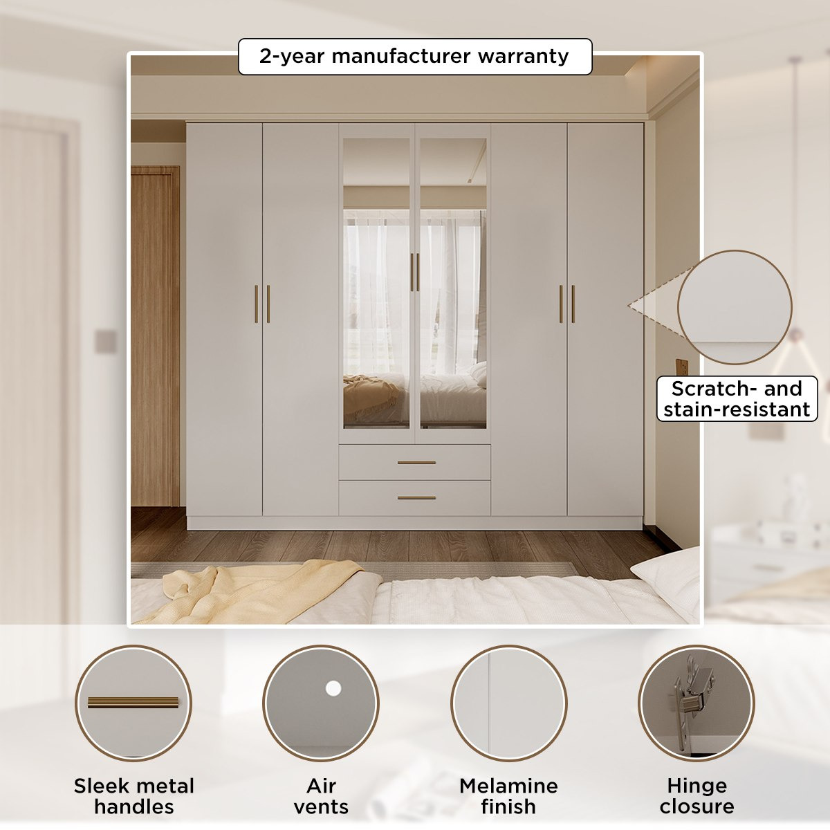 Pearl 6-Door Wardrobe with 2 Drawers and Mirrors-hbxfurniture-wardrobes-image-6