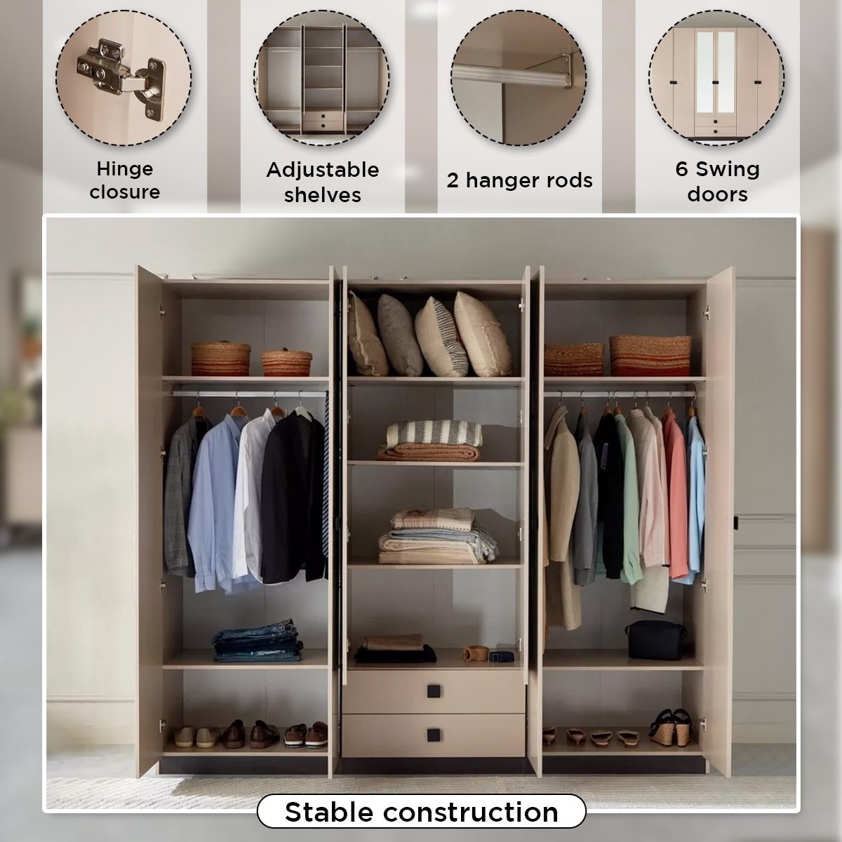 خزانة ملابس 6 أبواب بدرجين ومرآتين من لوكسمبورج-hbxfurniture-wardrobes-image-5
