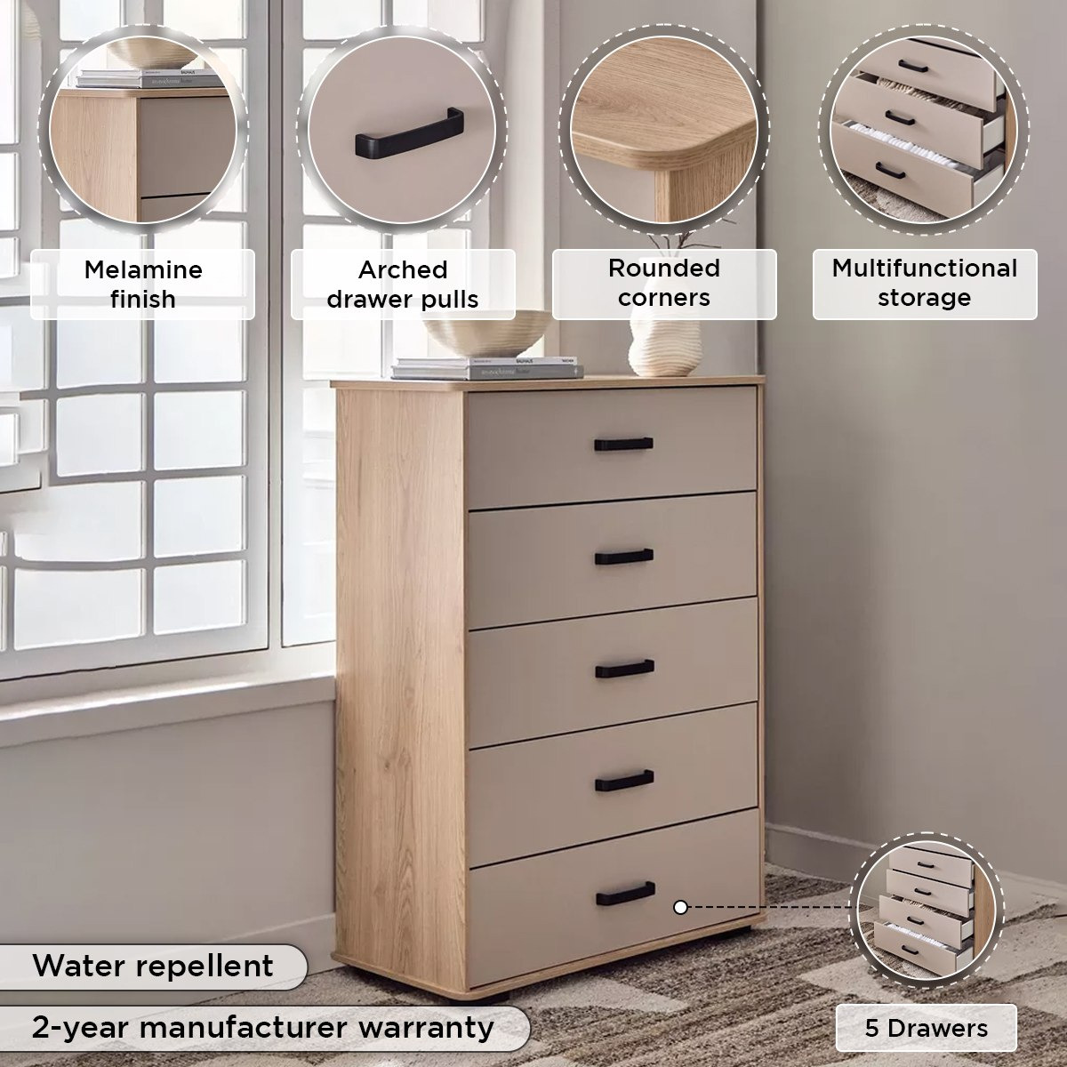 وحدة تخزين 5 أدراج - مدريد من موڤو -hbxfurniture-dressersandchests-chestofdrawers-image-4
