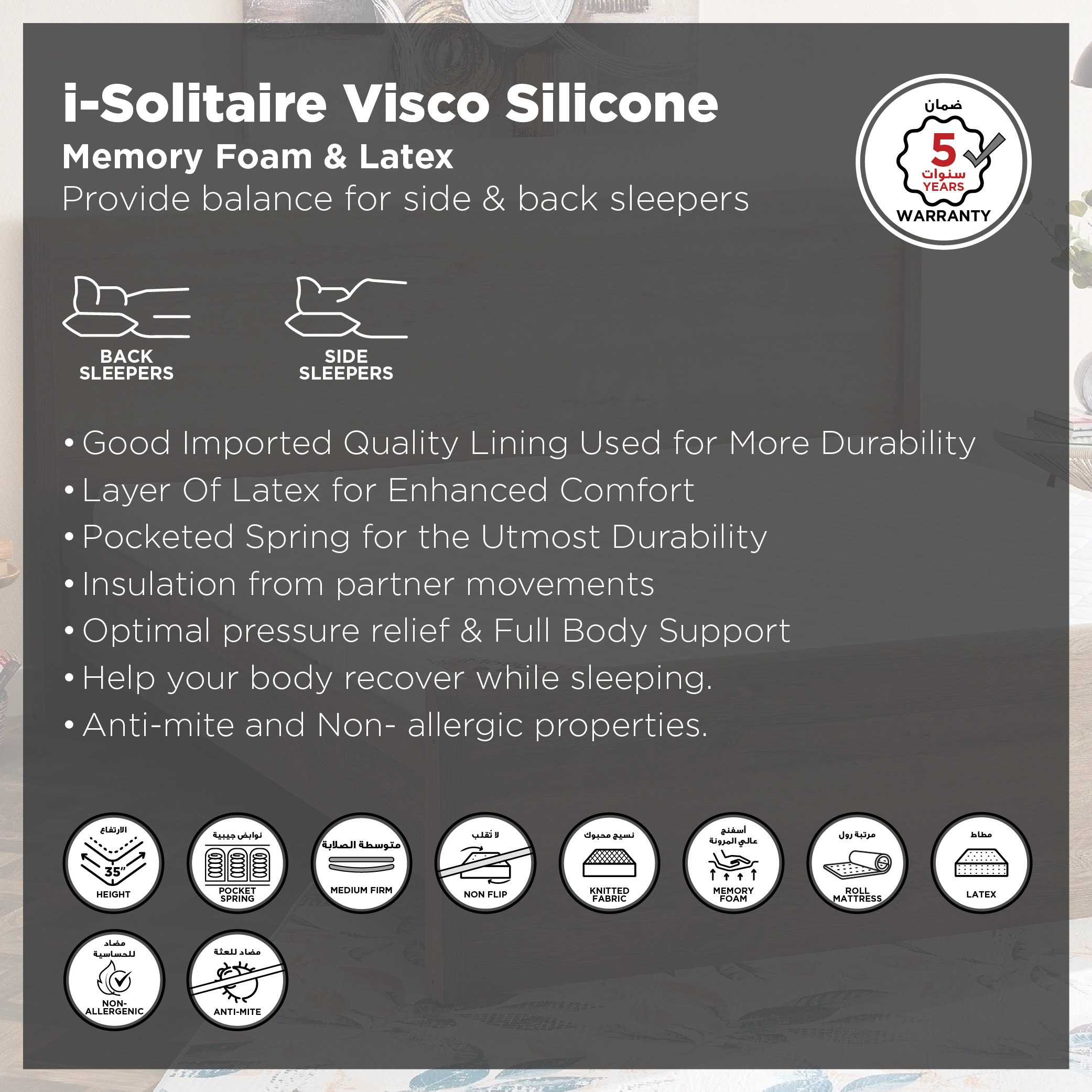 SleepLuxe iSolitaire Visco Silicone Memory Foam Latex 3-Zone Pocket Spring Mattress - 180x200x35 cm-hbxfurniture-mattresses-king-image-7
