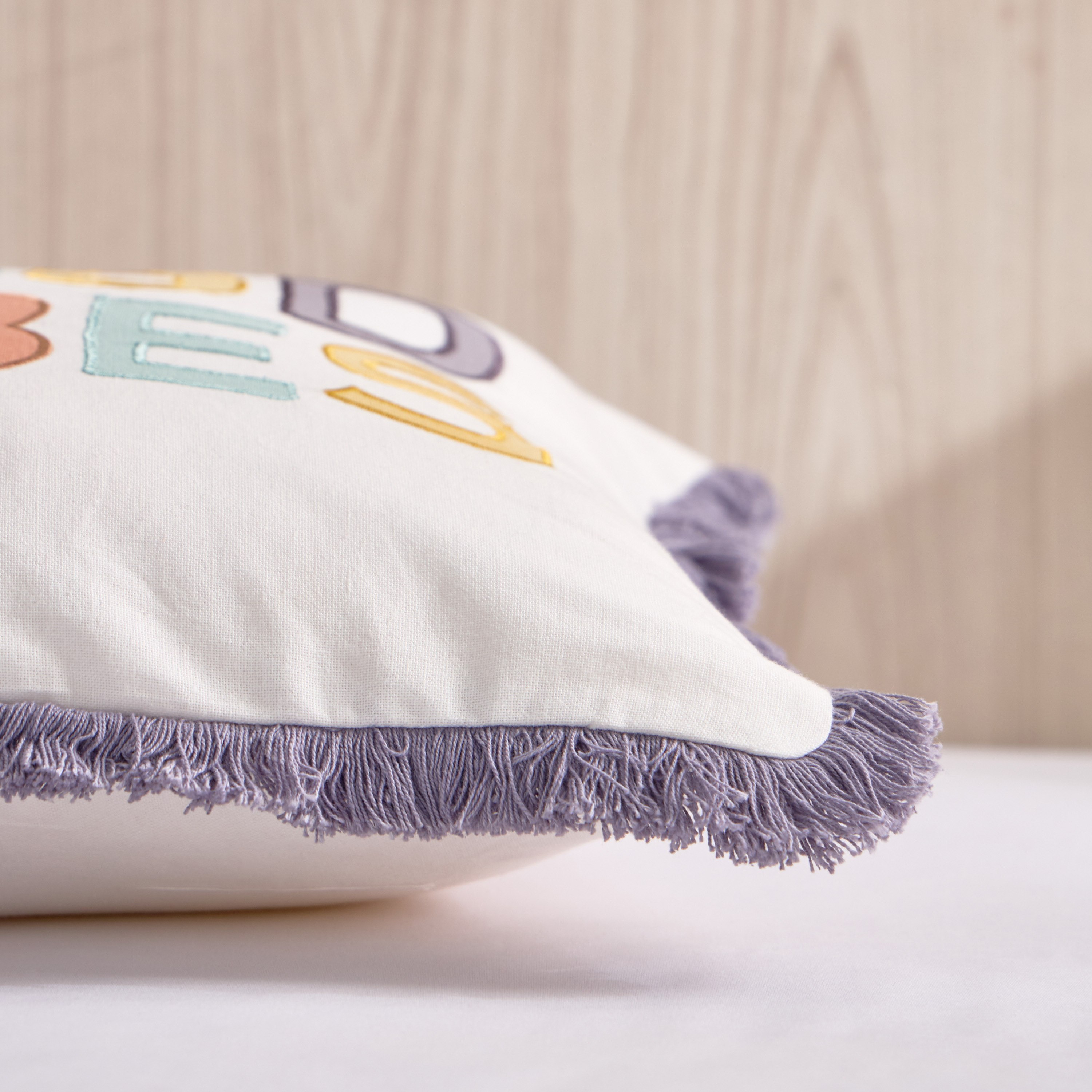 Playland Good Vibes Printed Embroidered Cotton Filled Cushion with Frill - 40x40 cm-hbxhomeware-hbxkidsandyouth-image-3