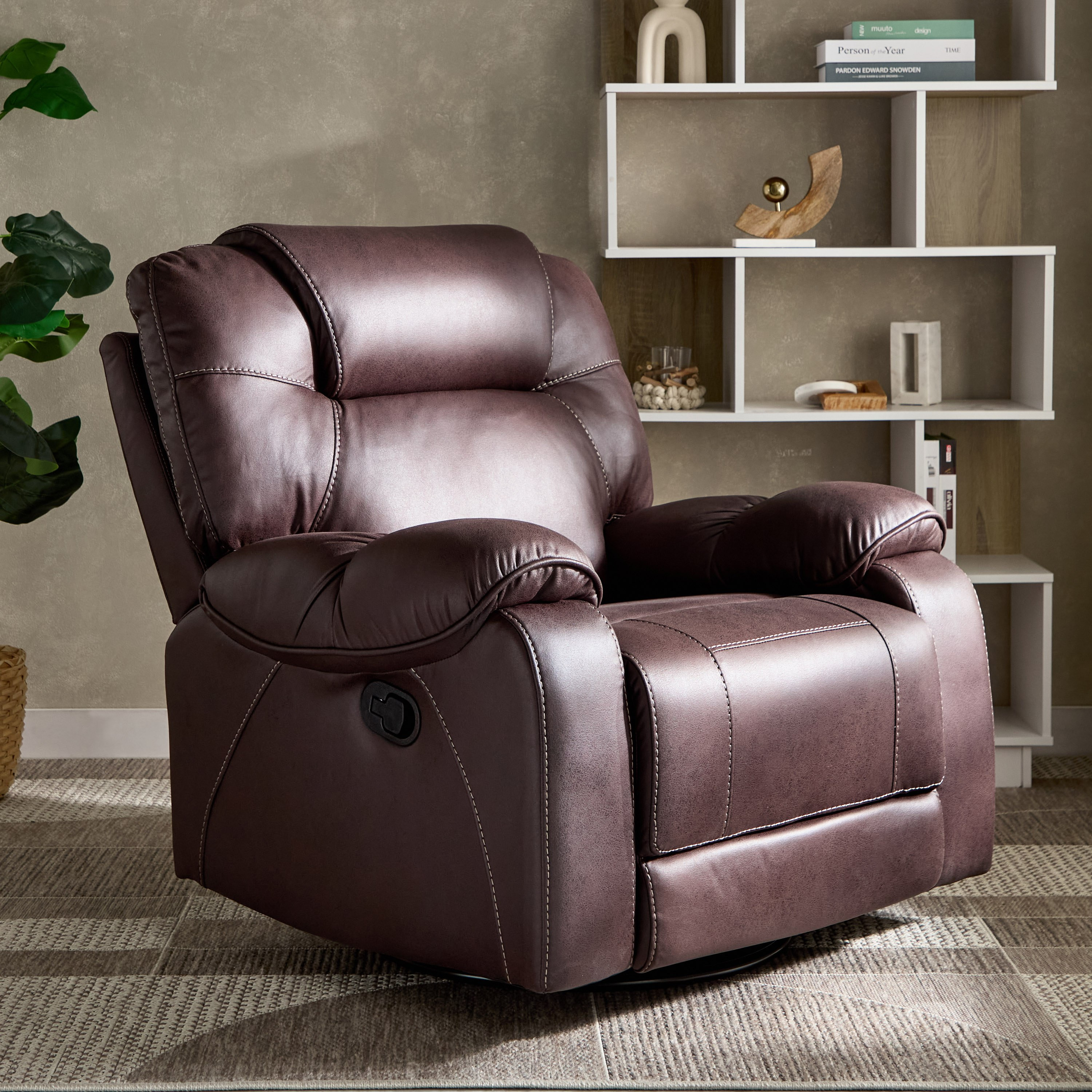كرسي استرخاء قماش بمظهر جلد ومساند ذراعين مع وظيفة دوران وهزاز من غابون-hbxfurniture-sofasandarmchairs-reclinersofas-image-1
