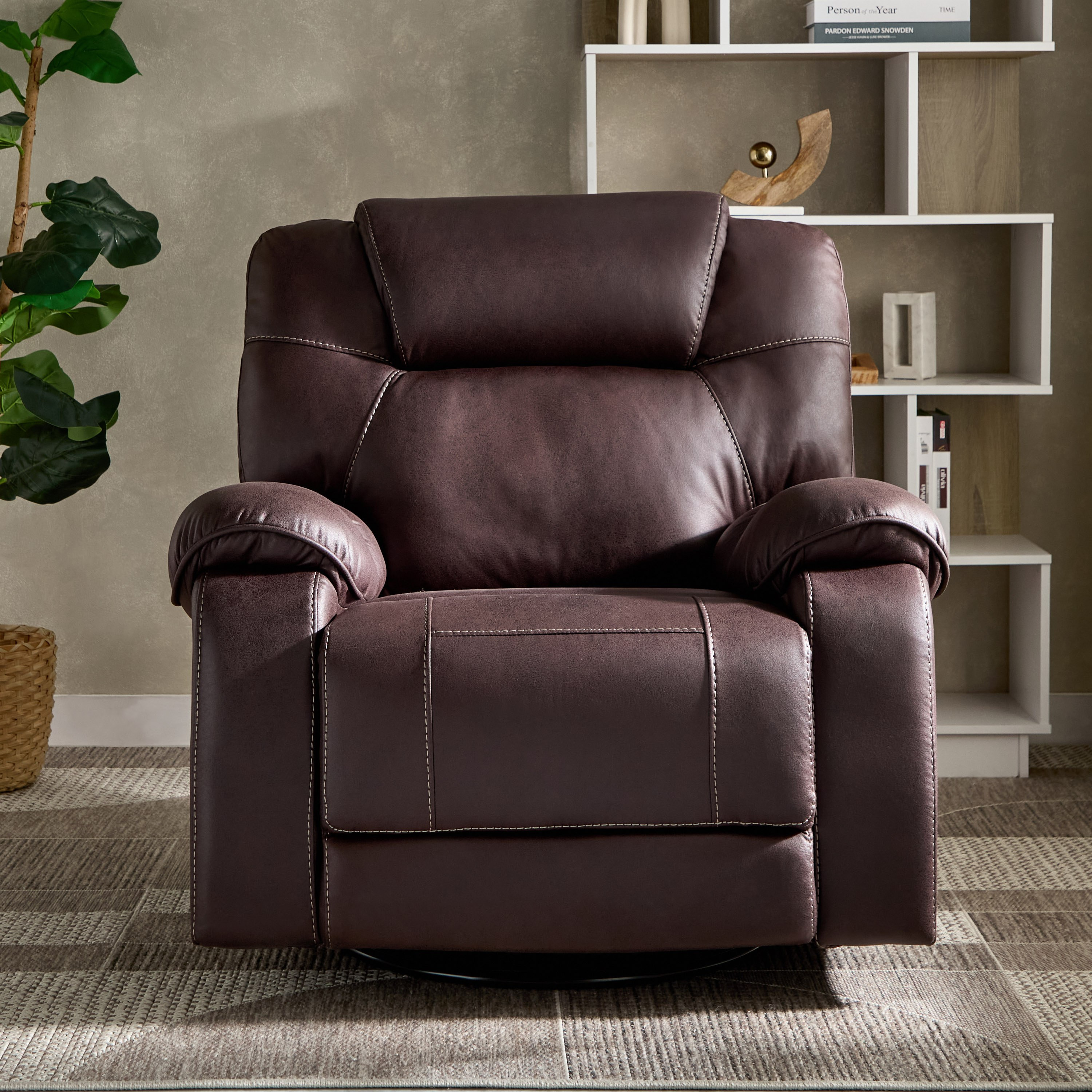 كرسي استرخاء قماش بمظهر جلد ومساند ذراعين مع وظيفة دوران وهزاز من غابون-hbxfurniture-sofasandarmchairs-reclinersofas-image-2