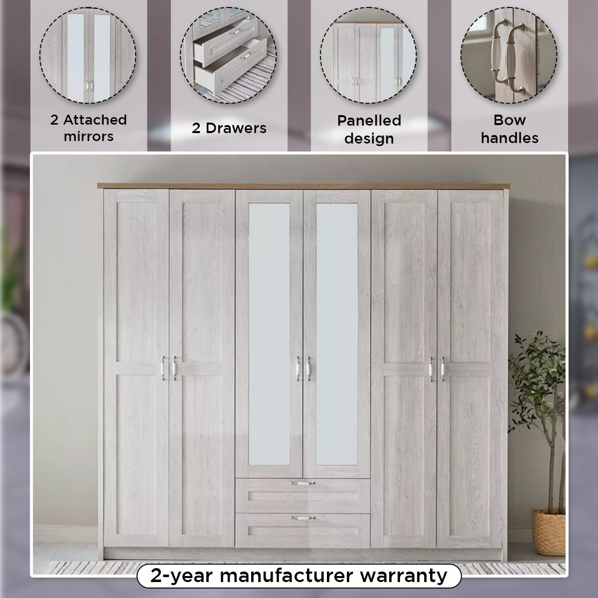 خزانة ملابس 6 أبواب مع 2 درج ومرآة - بروكلين من موڤو -hbxfurniture-wardrobes-image-4