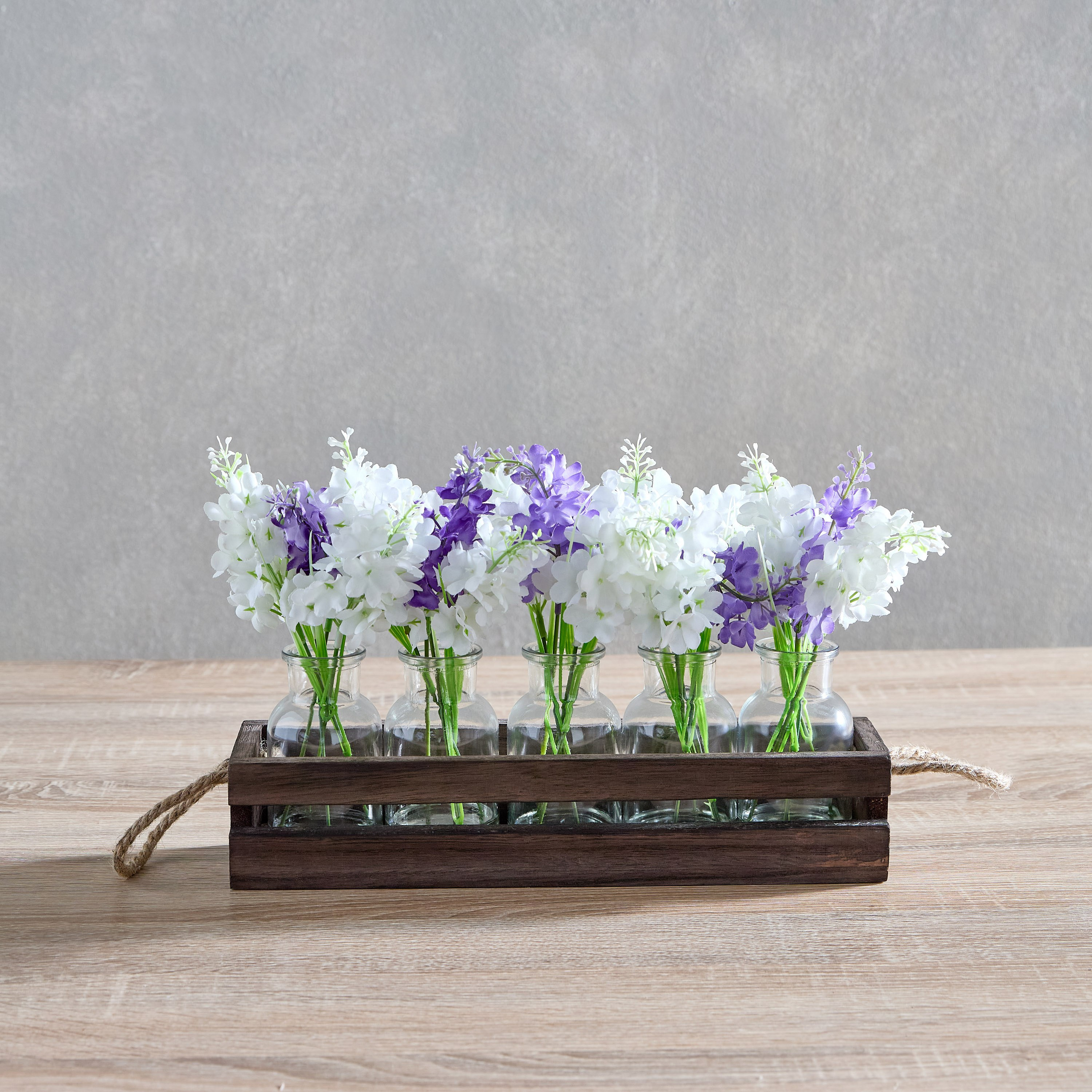 Helena Delphinium Flower Arrangement in Glass with Wooden Tray - 30x8x23 cm-hbxhomeware-hbxdecorandfurnishings-image-1