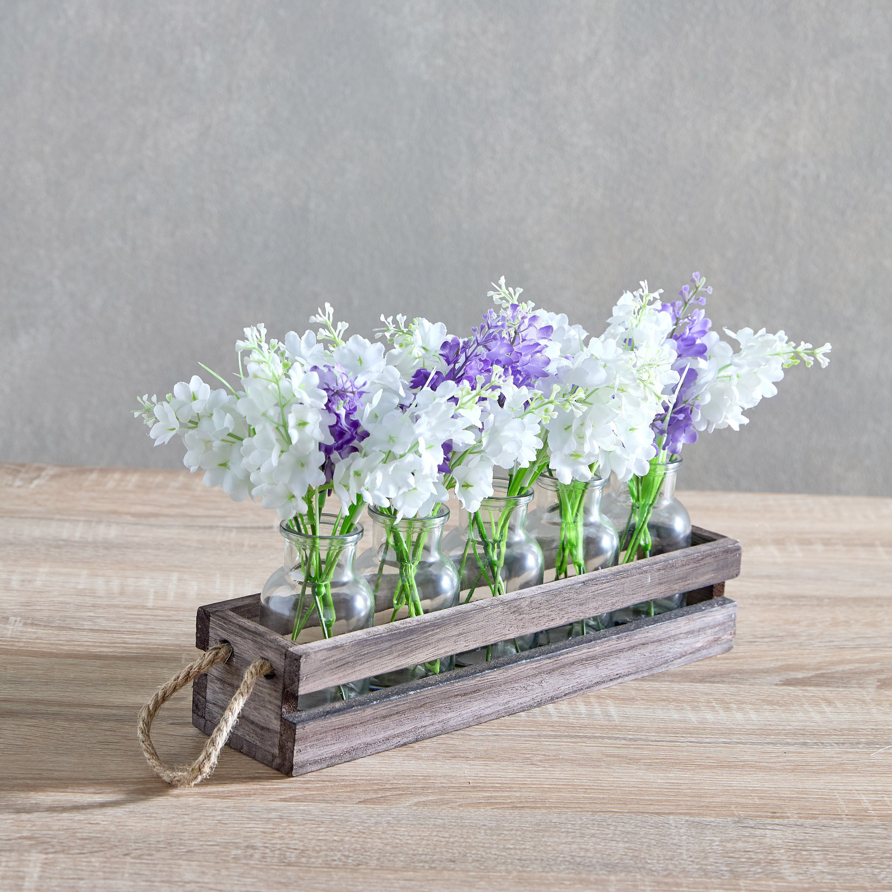 Helena Delphinium Flower Arrangement in Glass with Wooden Tray - 30x8x23 cm-hbxhomeware-hbxdecorandfurnishings-image-2