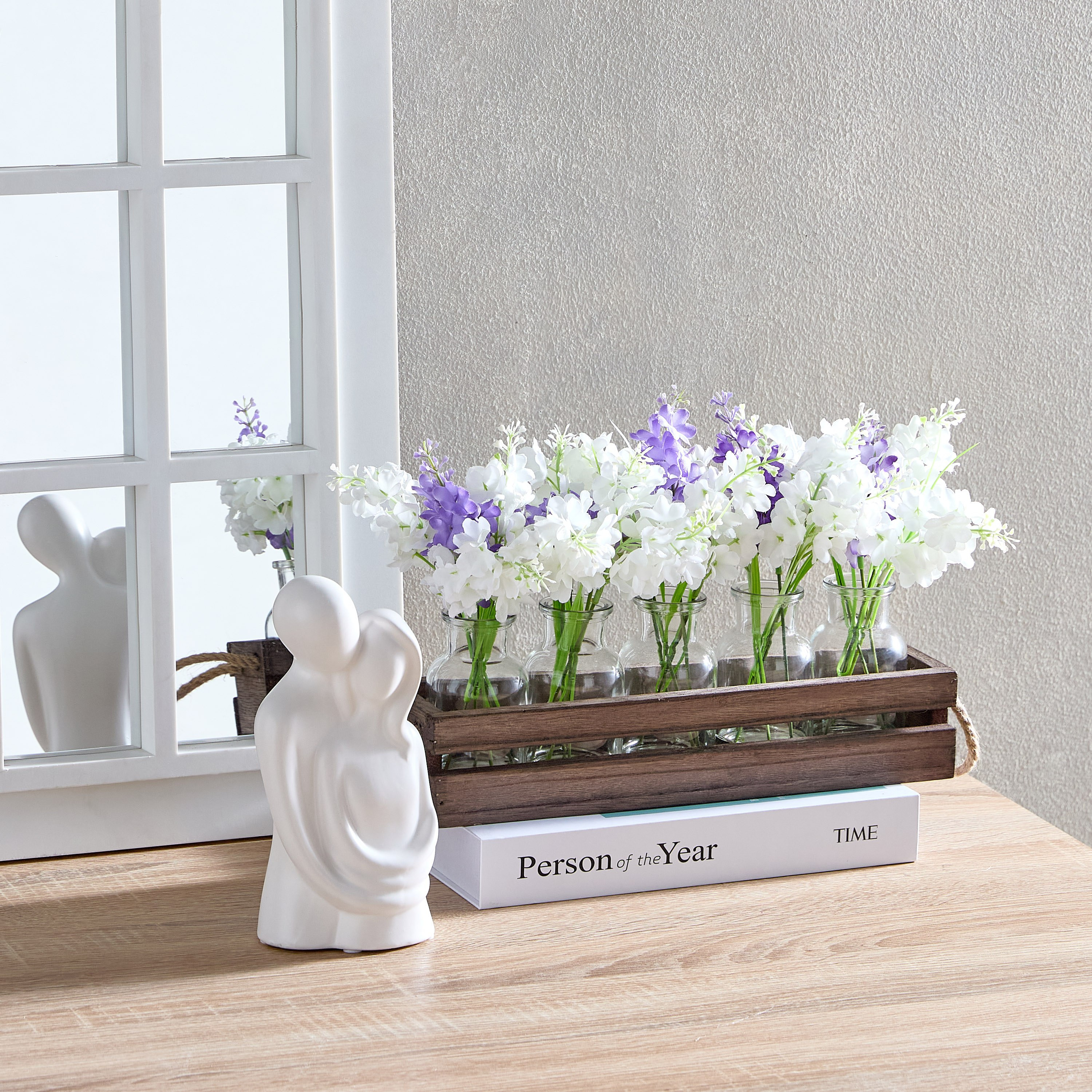 Helena Delphinium Flower Arrangement in Glass with Wooden Tray - 30x8x23 cm-hbxhomeware-hbxdecorandfurnishings-image-5