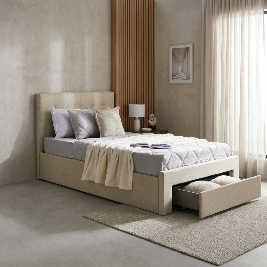 Movo Oakland Neo Upholstered Twin Bed with Drawer - 120x200 cm-hbxfurniture-kidsroom-kidsroomsets-twin-image-2