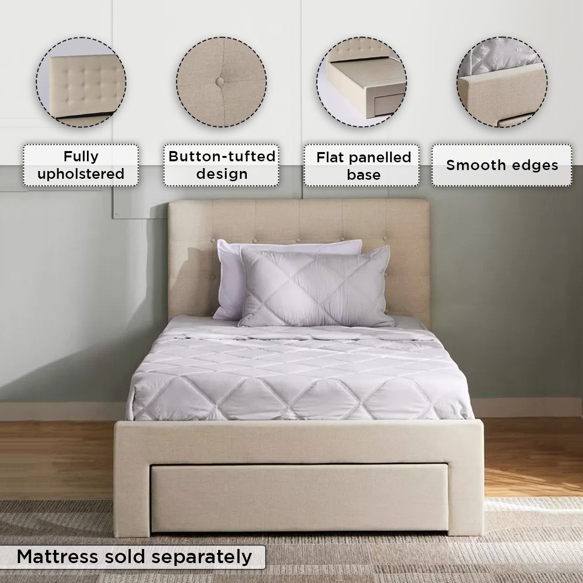 Movo Oakland Neo Upholstered Twin Bed with Drawer - 120x200 cm-hbxfurniture-kidsroom-kidsroomsets-twin-image-4