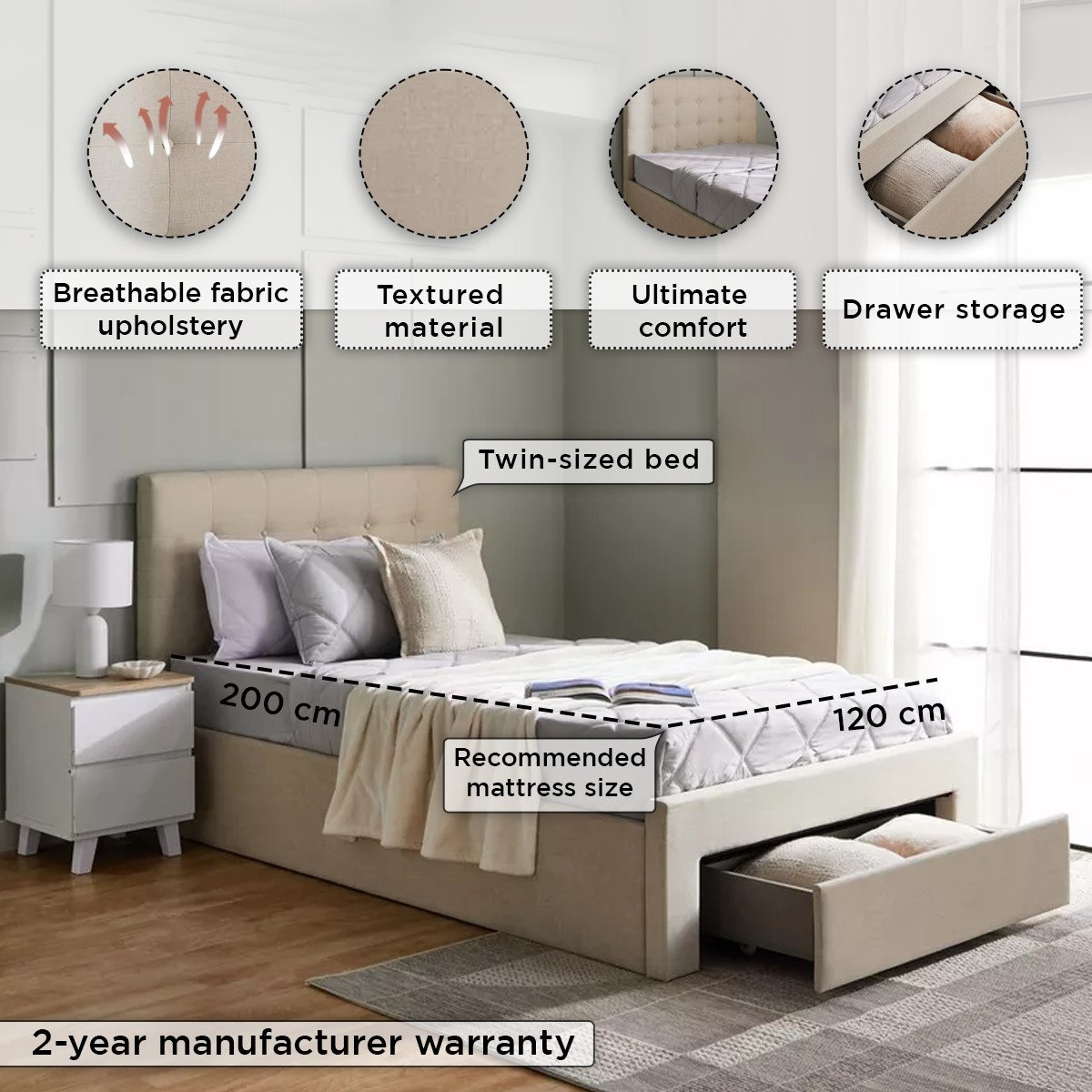 Movo Oakland Neo Upholstered Twin Bed with Drawer - 120x200 cm-hbxfurniture-kidsroom-kidsroomsets-twin-image-5