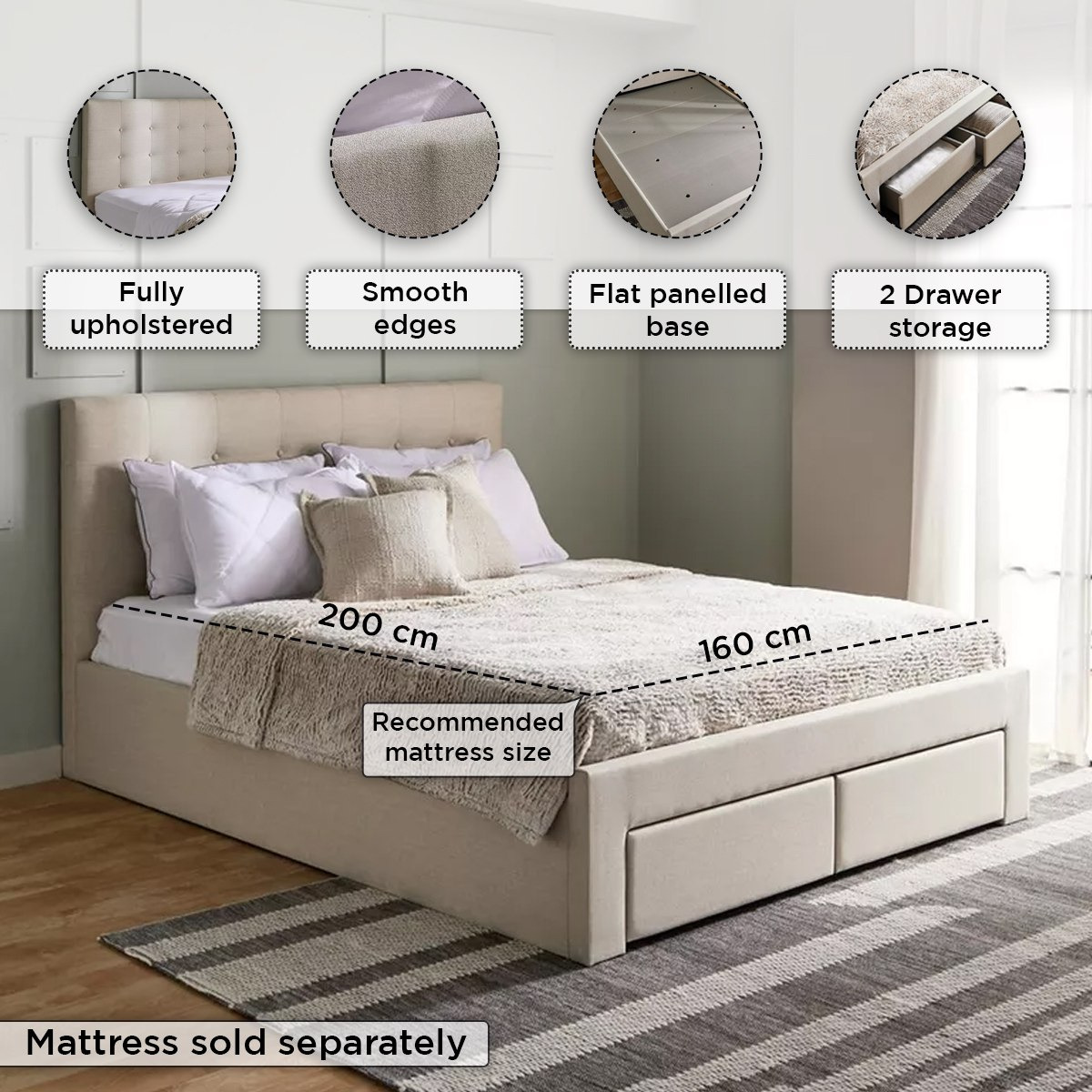 Movo Oakland Neo Upholstered Queen Bed with 2 Drawers - 160x200 cm-hbxbedroom-bedsandbedsets-beds-queen-image-5