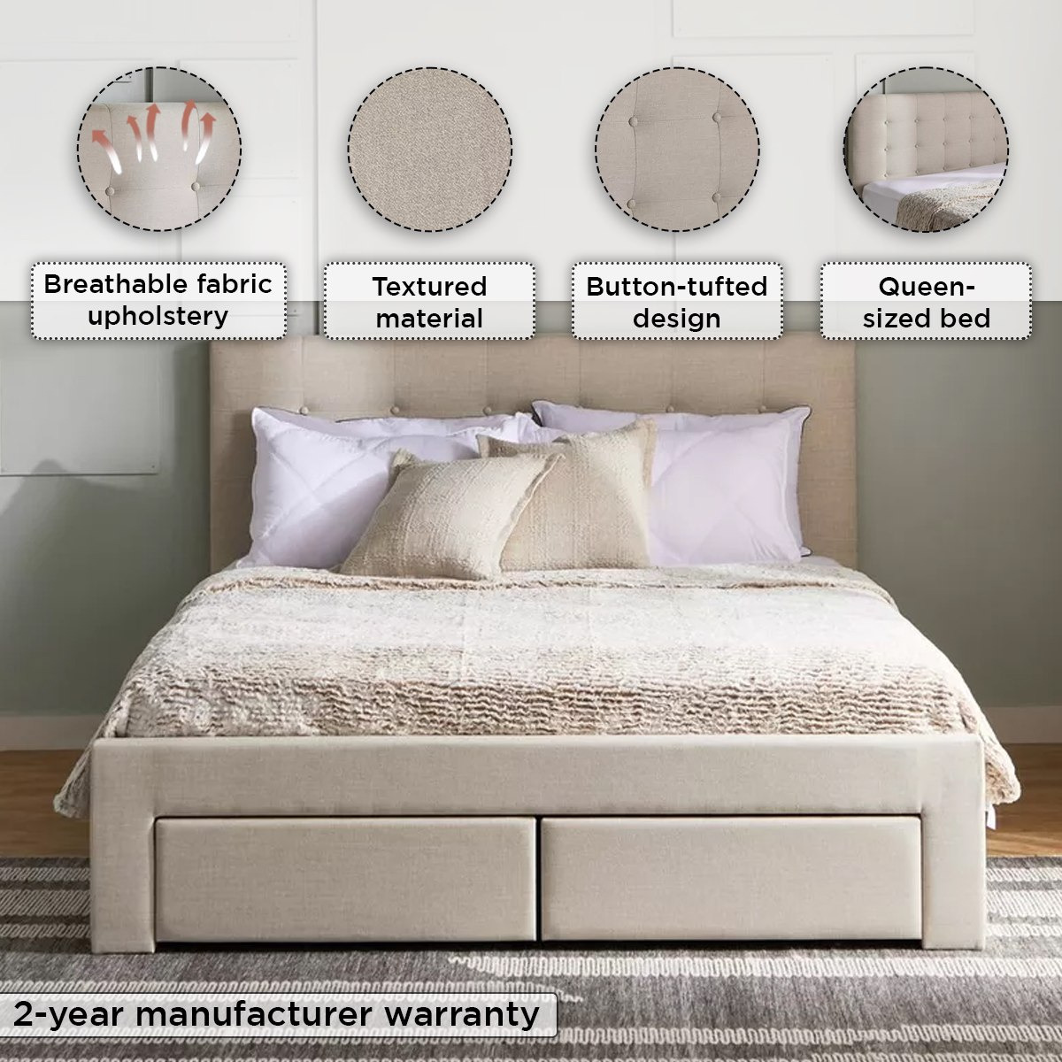 Movo Oakland Neo Upholstered Queen Bed with 2 Drawers - 160x200 cm-hbxbedroom-bedsandbedsets-beds-queen-image-6