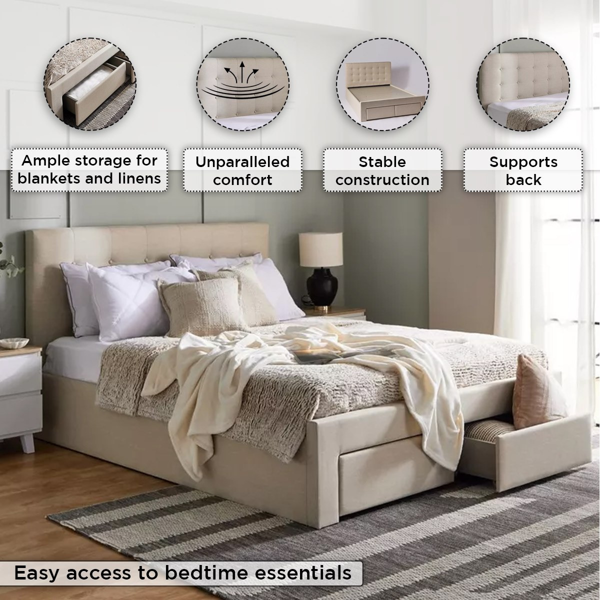 Movo Oakland Neo Upholstered Queen Bed with 2 Drawers - 160x200 cm-hbxbedroom-bedsandbedsets-beds-queen-image-7