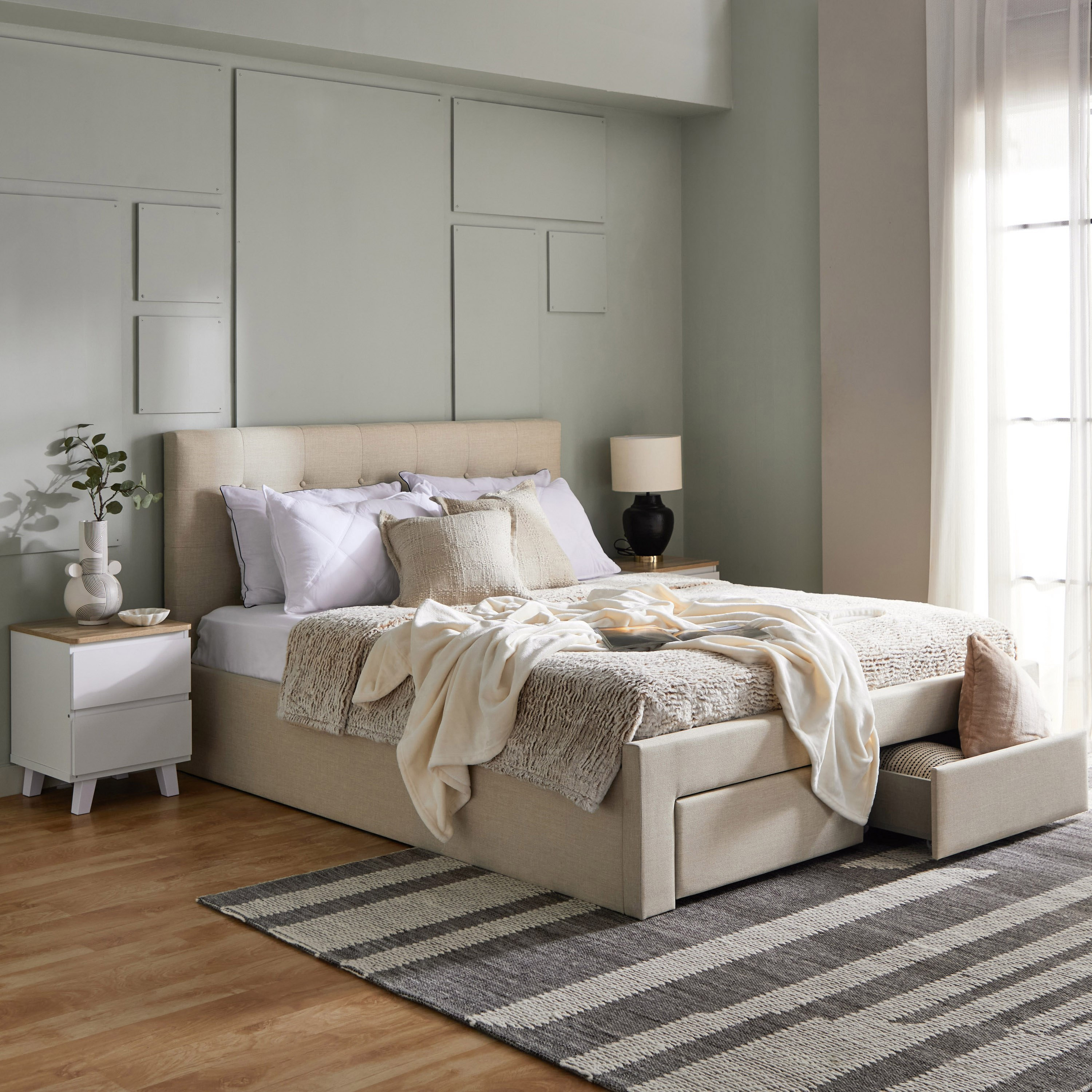 Movo Oakland Neo Upholstered Queen Bed with 2 Drawers - 160x200 cm-hbxbedroom-bedsandbedsets-beds-queen-image-1