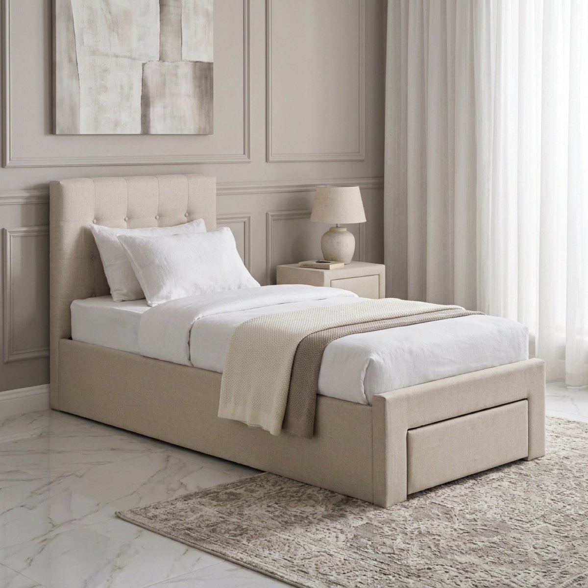 Movo Oakland Neo Upholstered Single Bed with Drawer - 90x200 cm-hbxkidsandyouth-bedsandbedsets-beds-single-image-1