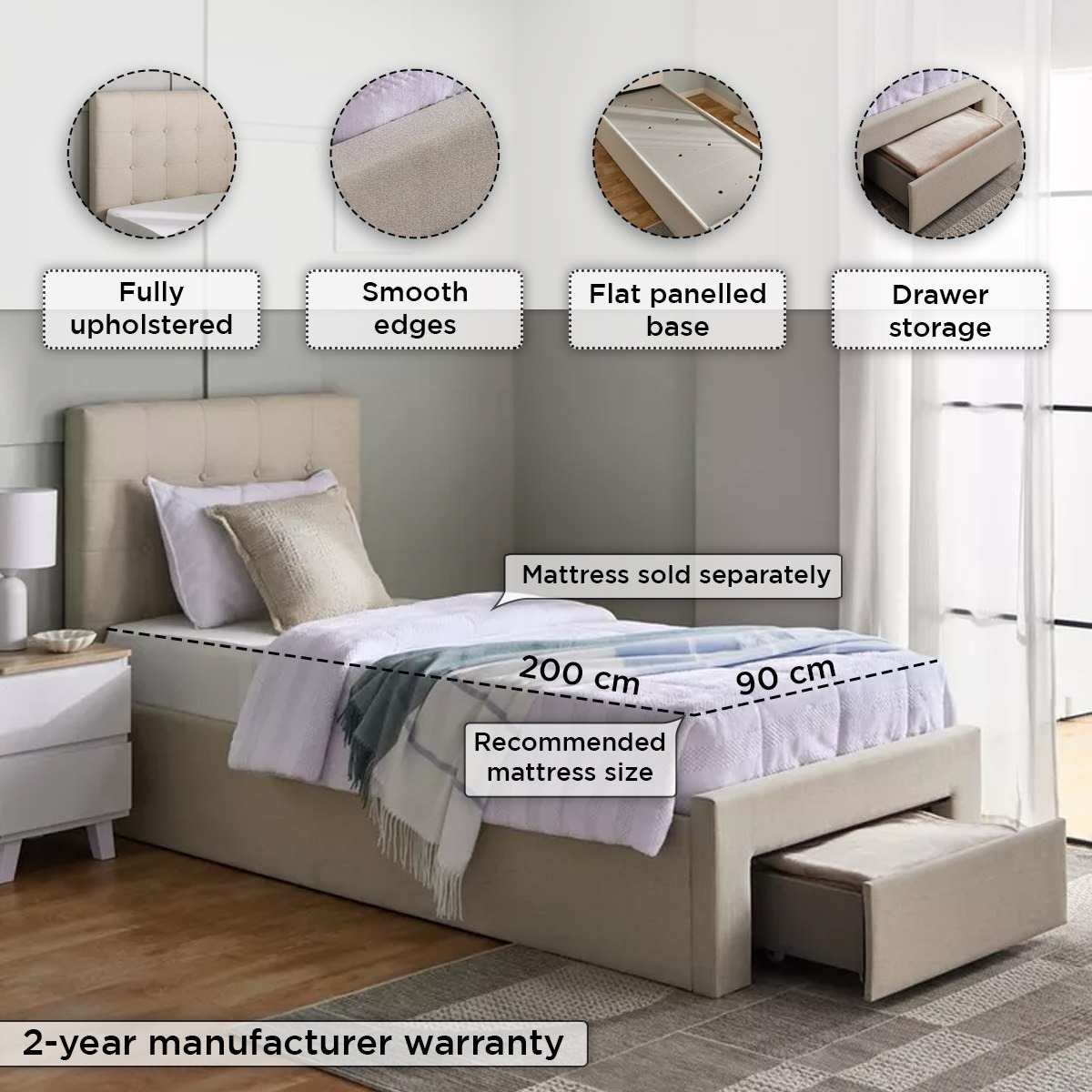 Movo Oakland Neo Upholstered Single Bed with Drawer - 90x200 cm-hbxkidsandyouth-bedsandbedsets-beds-single-image-4