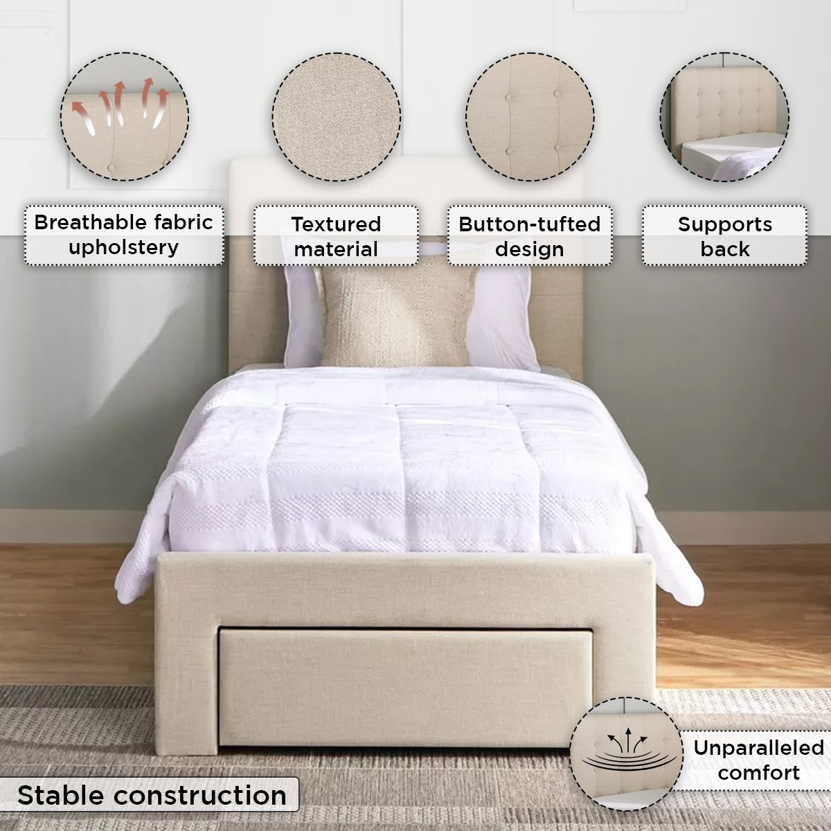 Movo Oakland Neo Upholstered Single Bed with Drawer - 90x200 cm-hbxkidsandyouth-bedsandbedsets-beds-single-image-5